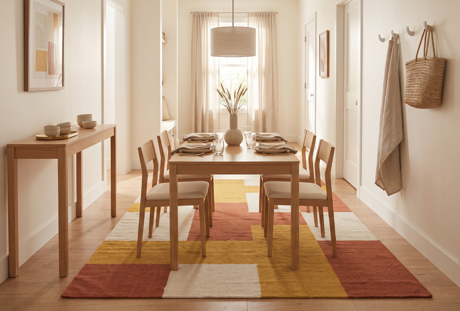 Handwoven Area Rug, Abstract Geometric Terracotta & Mustard Yellow Rug