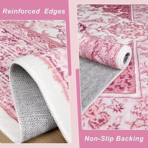 5X7 Bright Pink Area Rug for Living Room, Machine Washable Rugs with Non-Slip Ba