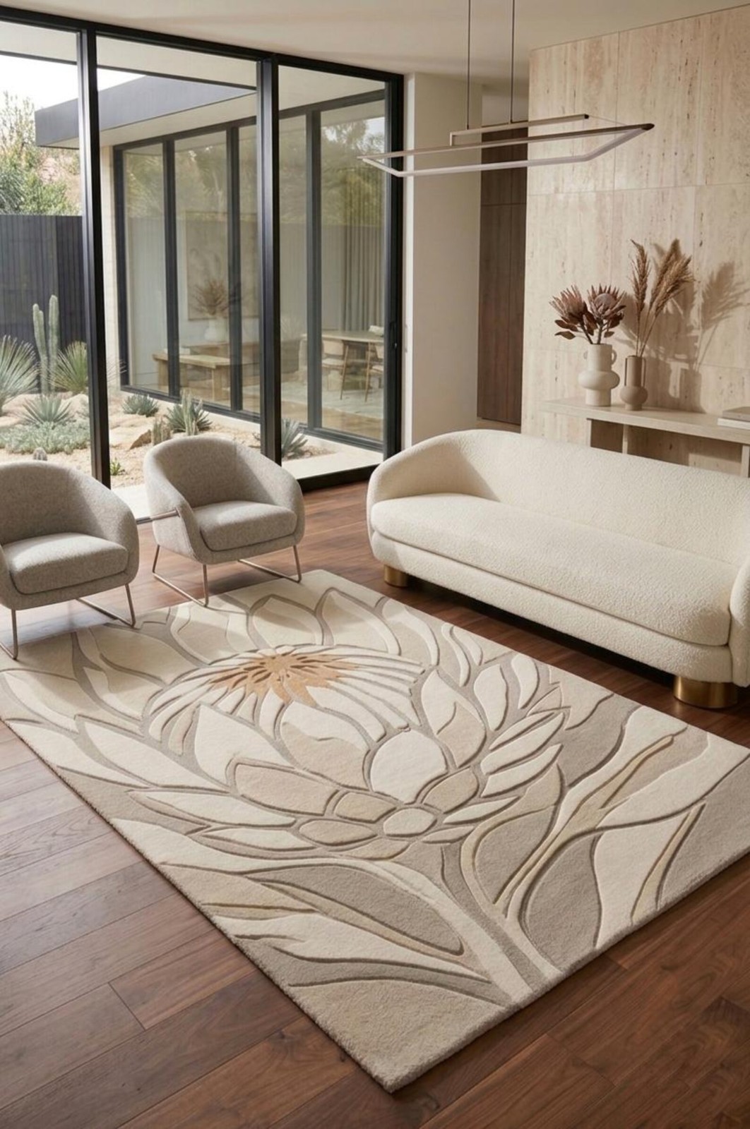 Neutral Floral Hand Tufted Wool Rug, Beige Cream Botanical Modern Area Rug.