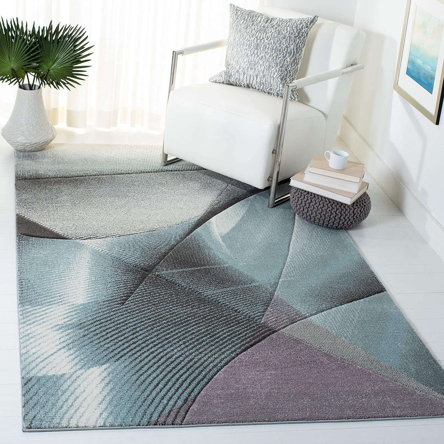 Mid-Century Modern Hollywood Area Rug 6’7″ x 9′, Grey & Light Blue, Easy Care