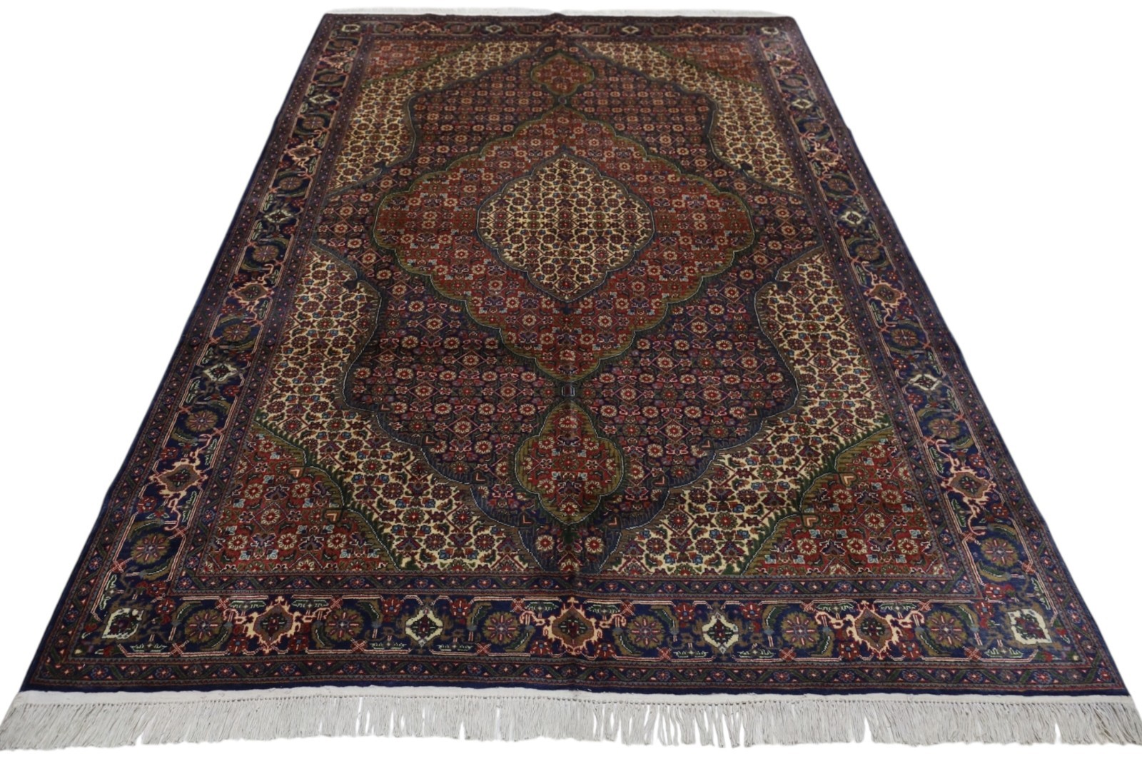 Hand-Knotted Mahi (Fish) Afghani Wool Rug | Cream, Red & Green 6’6″ x 9’10”