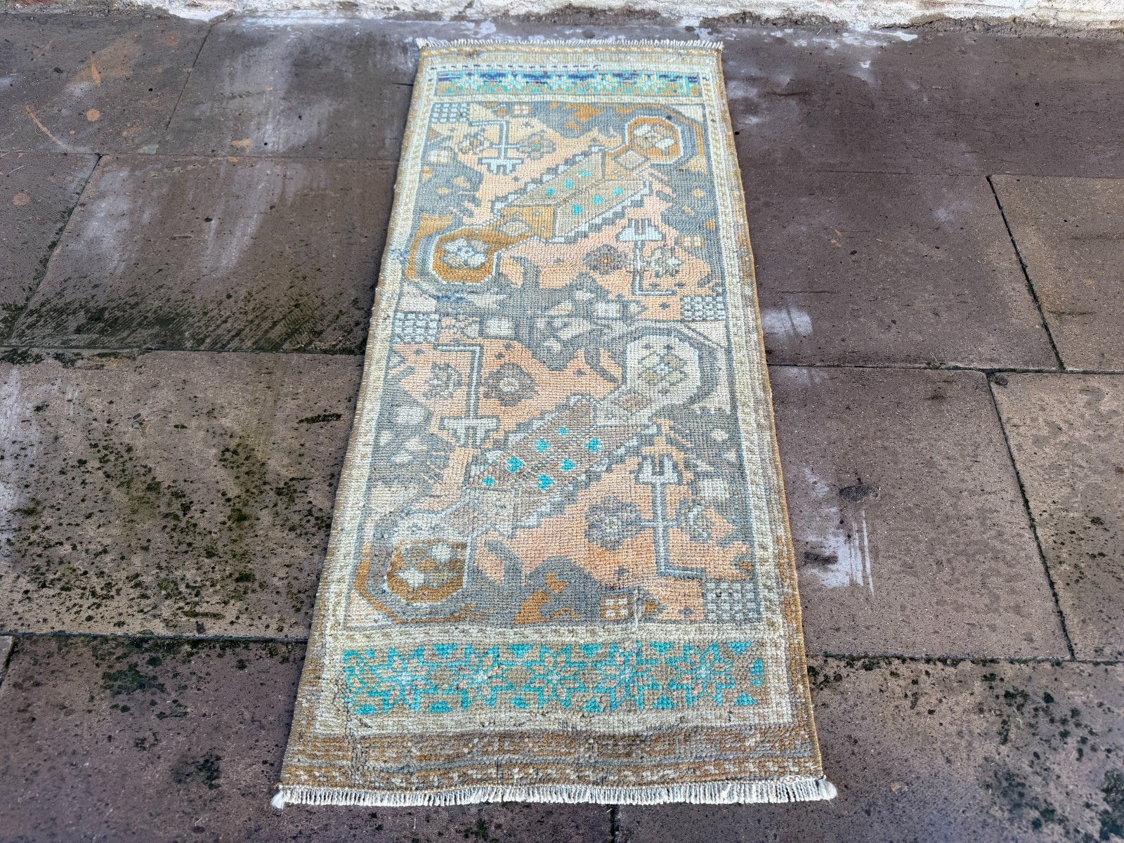 Vintage Oushak Small Kitchen Mat 1.3×3.1 Ft Peach Gray Turquoise Wool Rug