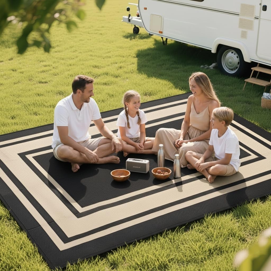 Black and Beige Outdoor Rug 8×10 Waterproof Reversible for Porch Balcony