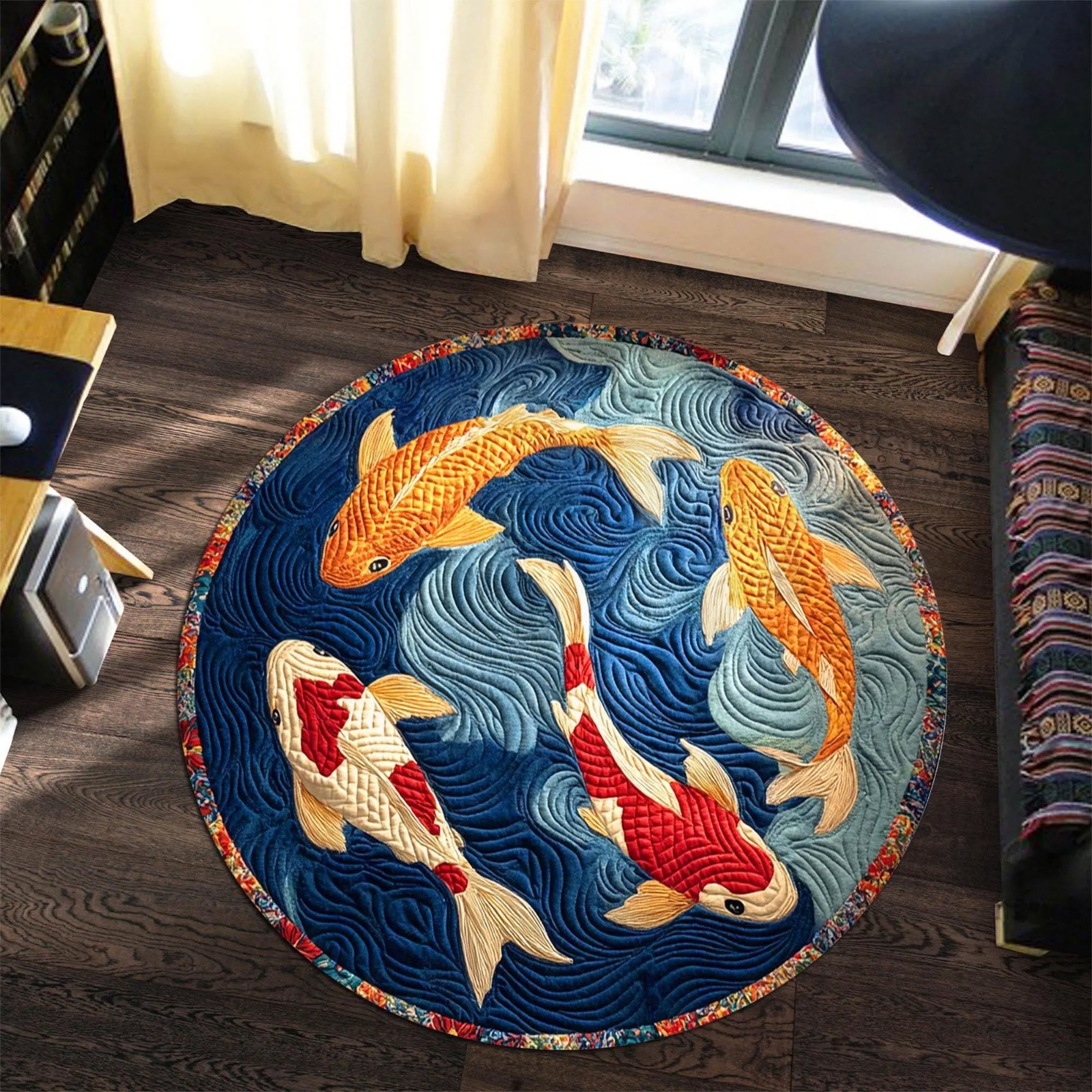 Koi Fish Round Rug Japanese Style Flannel Area Rug Water Wave Home Decor