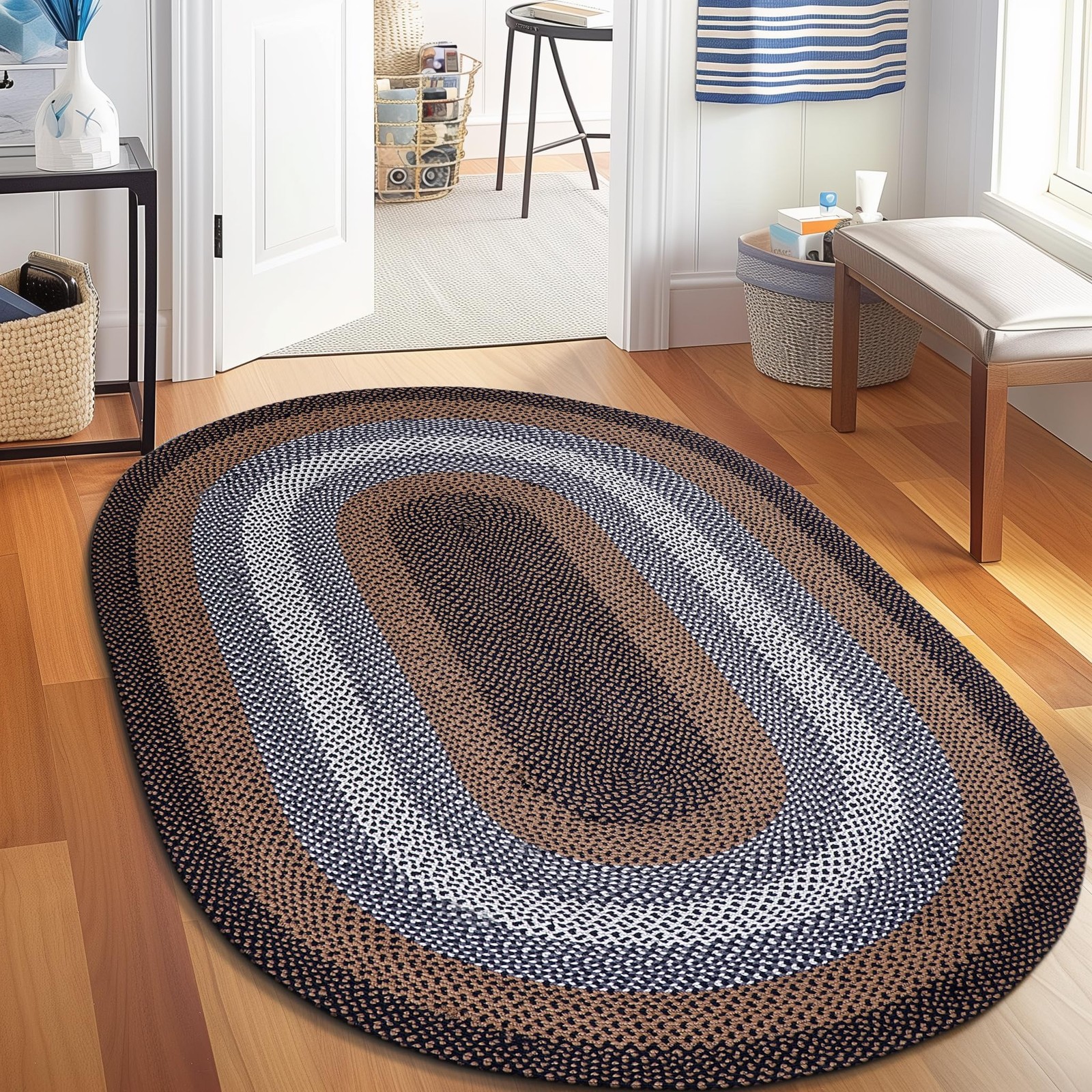 Super Area Rugs Rustic Black/Ivory/Brown Oval Braided Rug For Entryway/Foyer