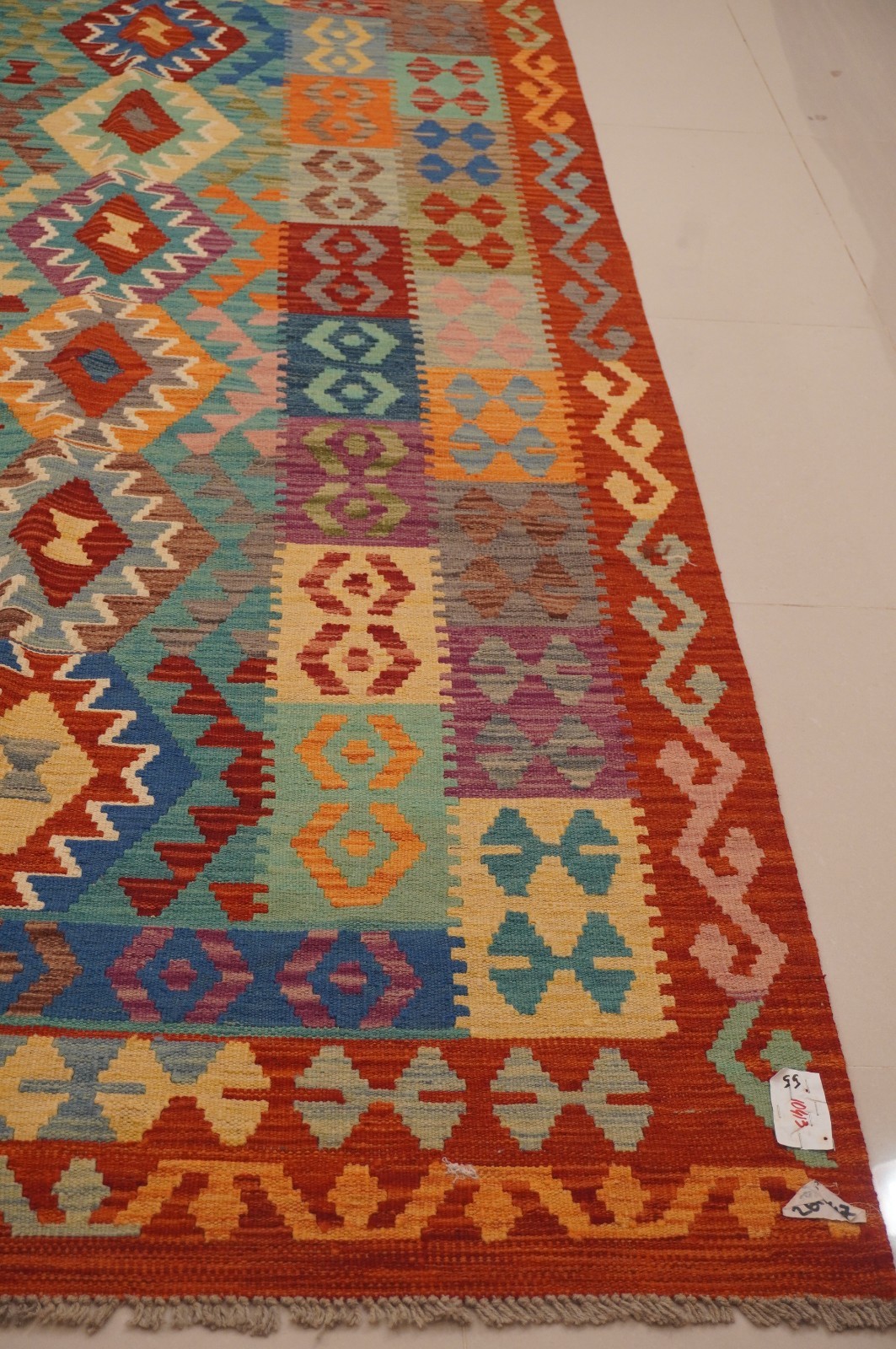 8×11 ft Blue Afghan Handmade Geometric Wool Kilim Area Rug ( 8’7″x11’4″ )