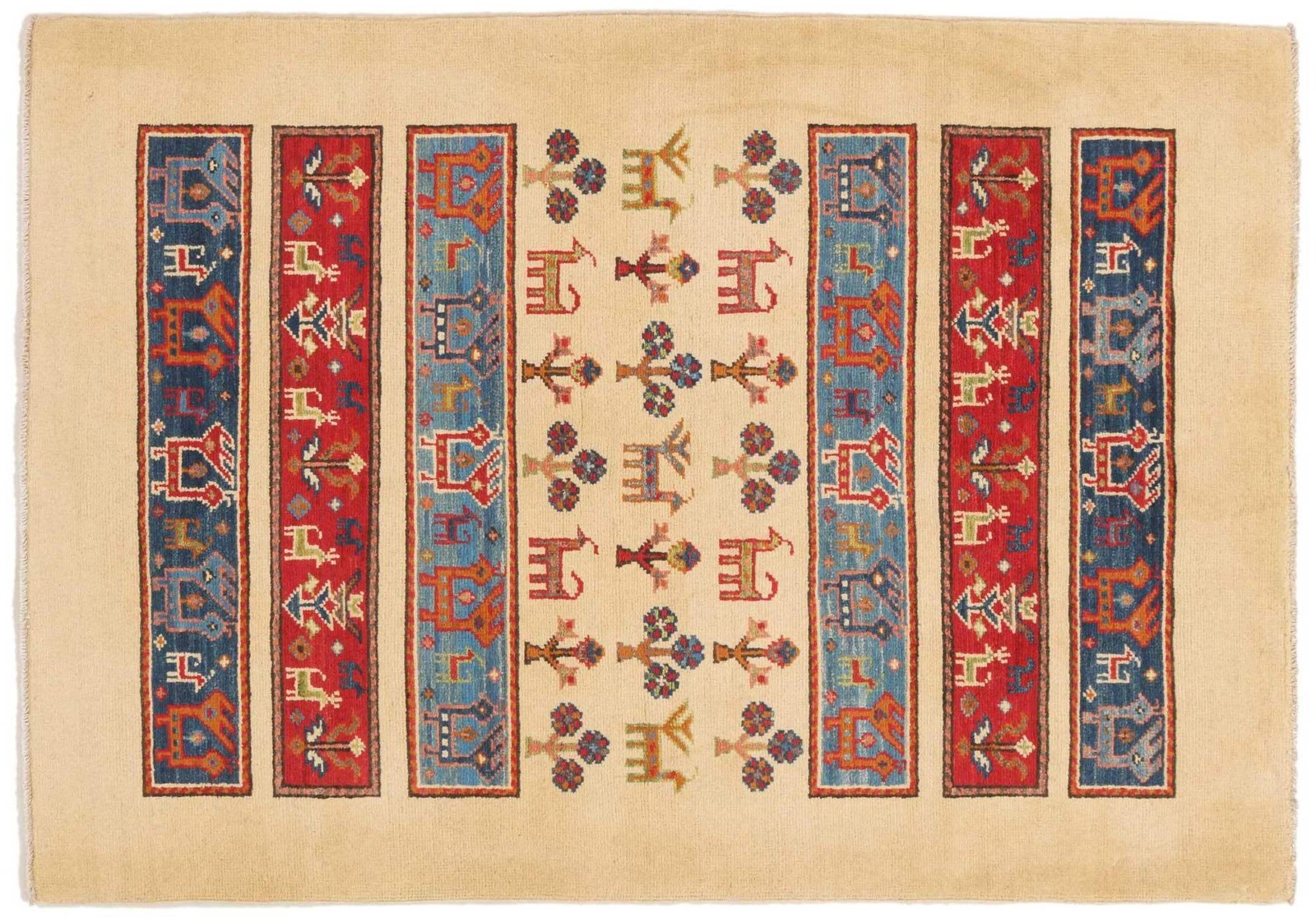 Super Kazak Animal Motif Rug 100×150 Hand-Knotted Beige Nomad Pattern