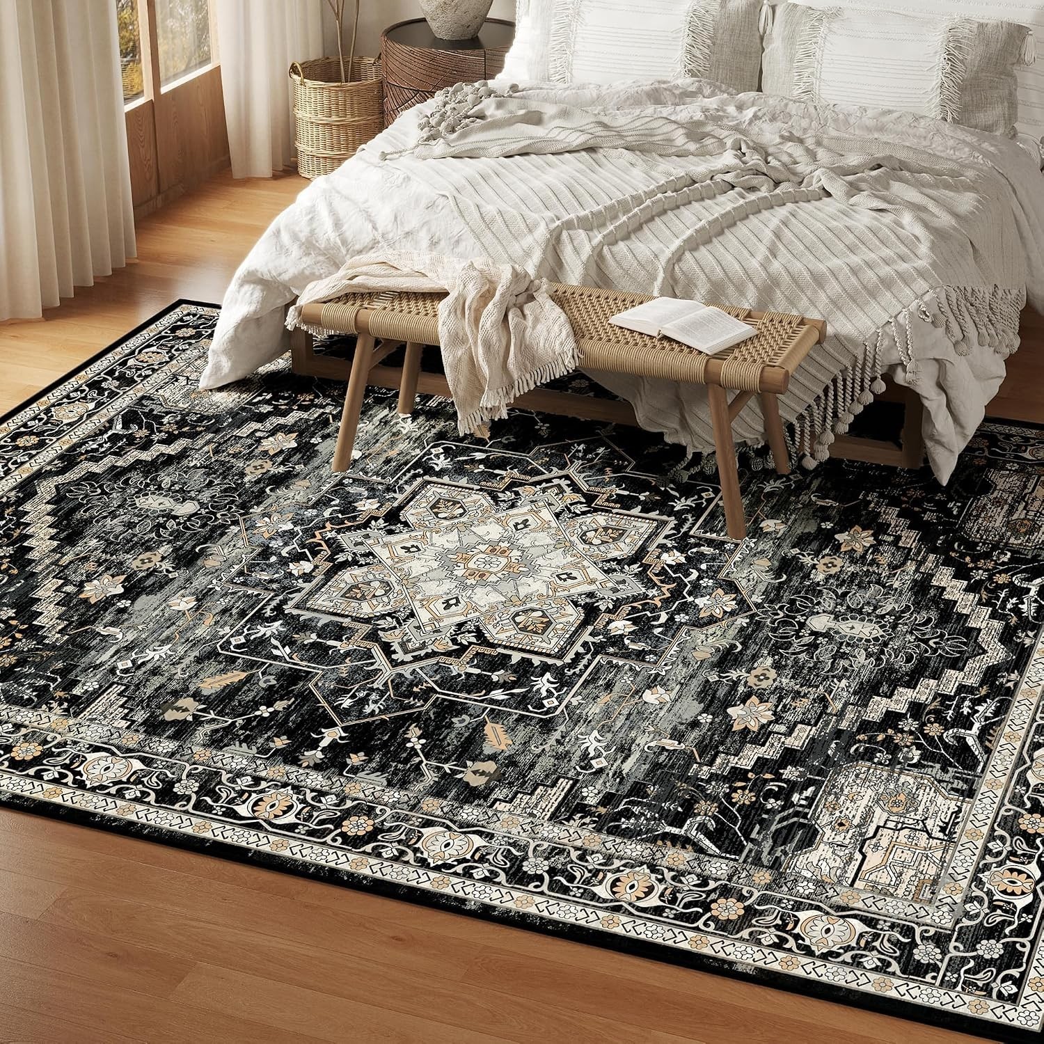 5ft x 7ft Pet-Friendly & Easy to Clean Black & Gold Area Rug for Living Rooms