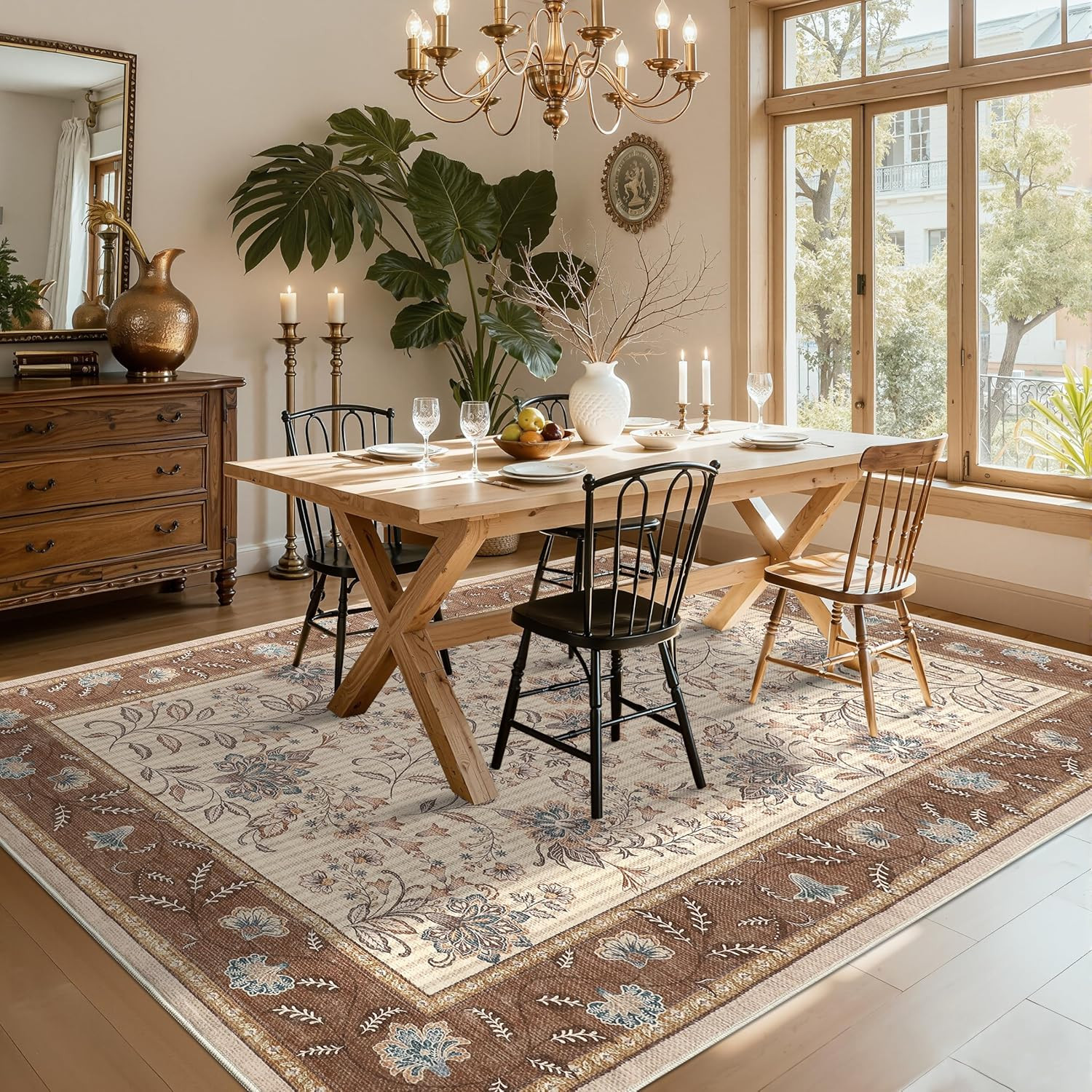 Large 8×10 Brown Washable Area Rug for Living Room & Bedroom Decor