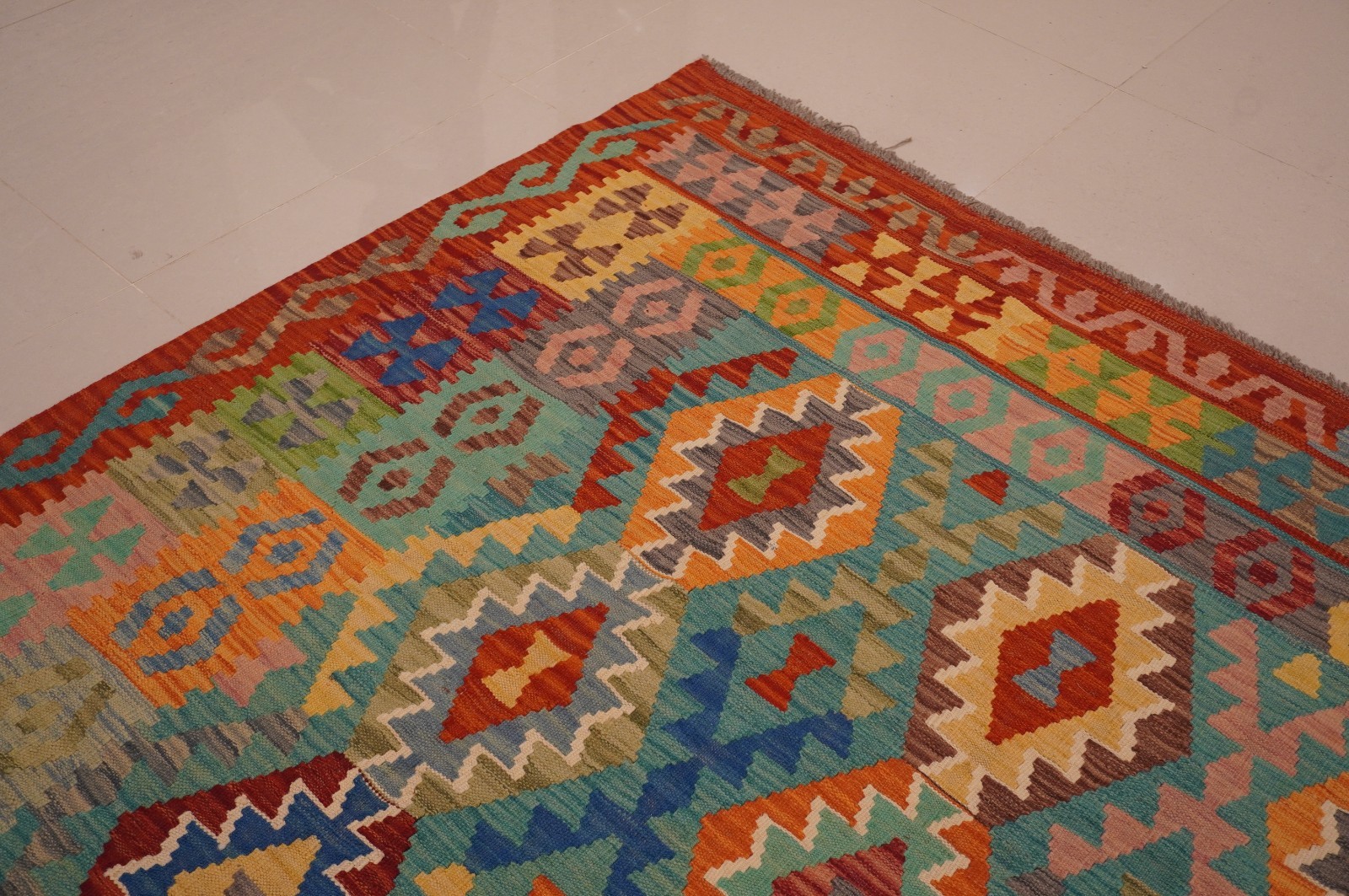 8×11 ft Blue Afghan Handmade Geometric Wool Kilim Area Rug ( 8’7″x11’4″ )