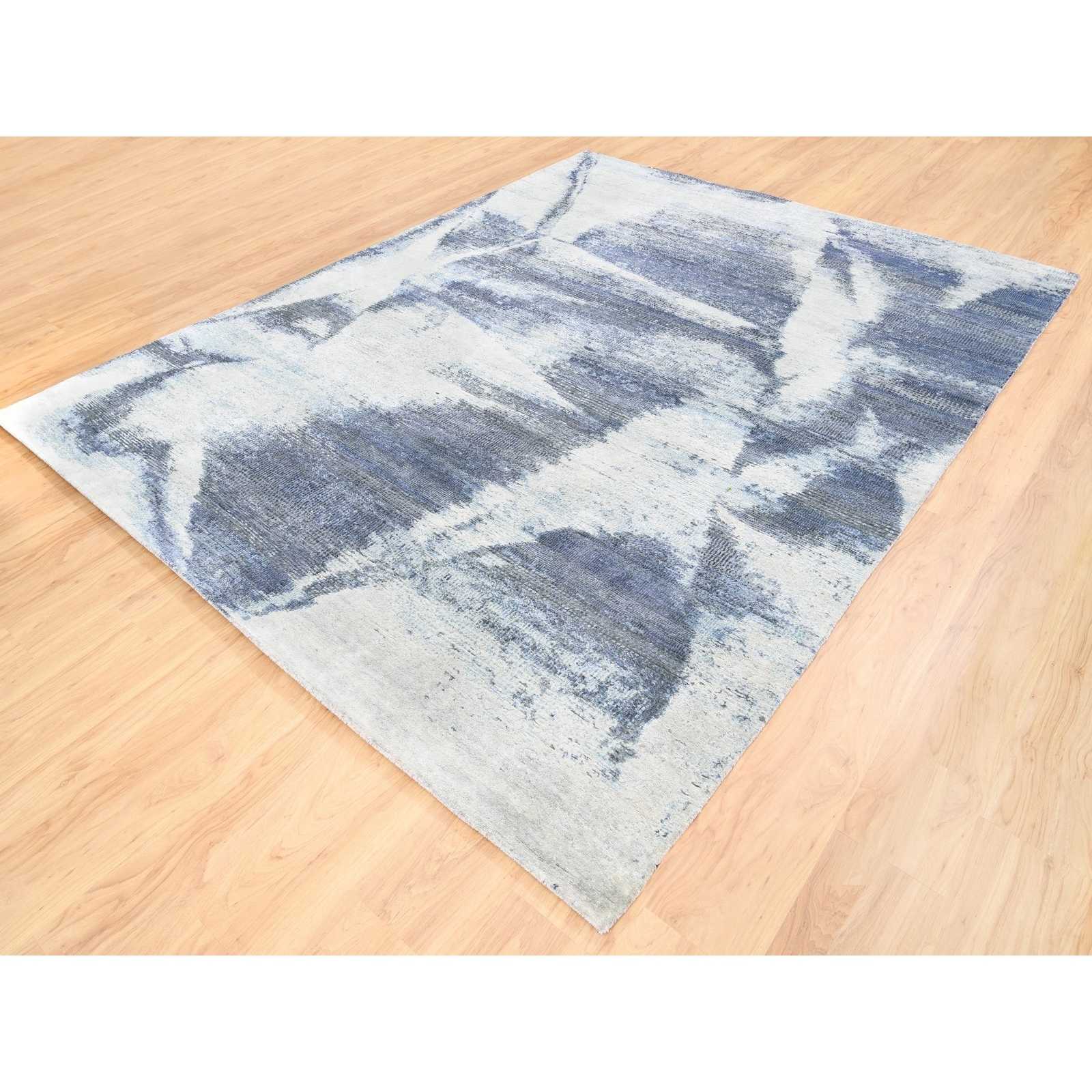 7’10″x10′ Hand Knotted Black with a Mix of Blue Modern Wool and Silk Rug R62411