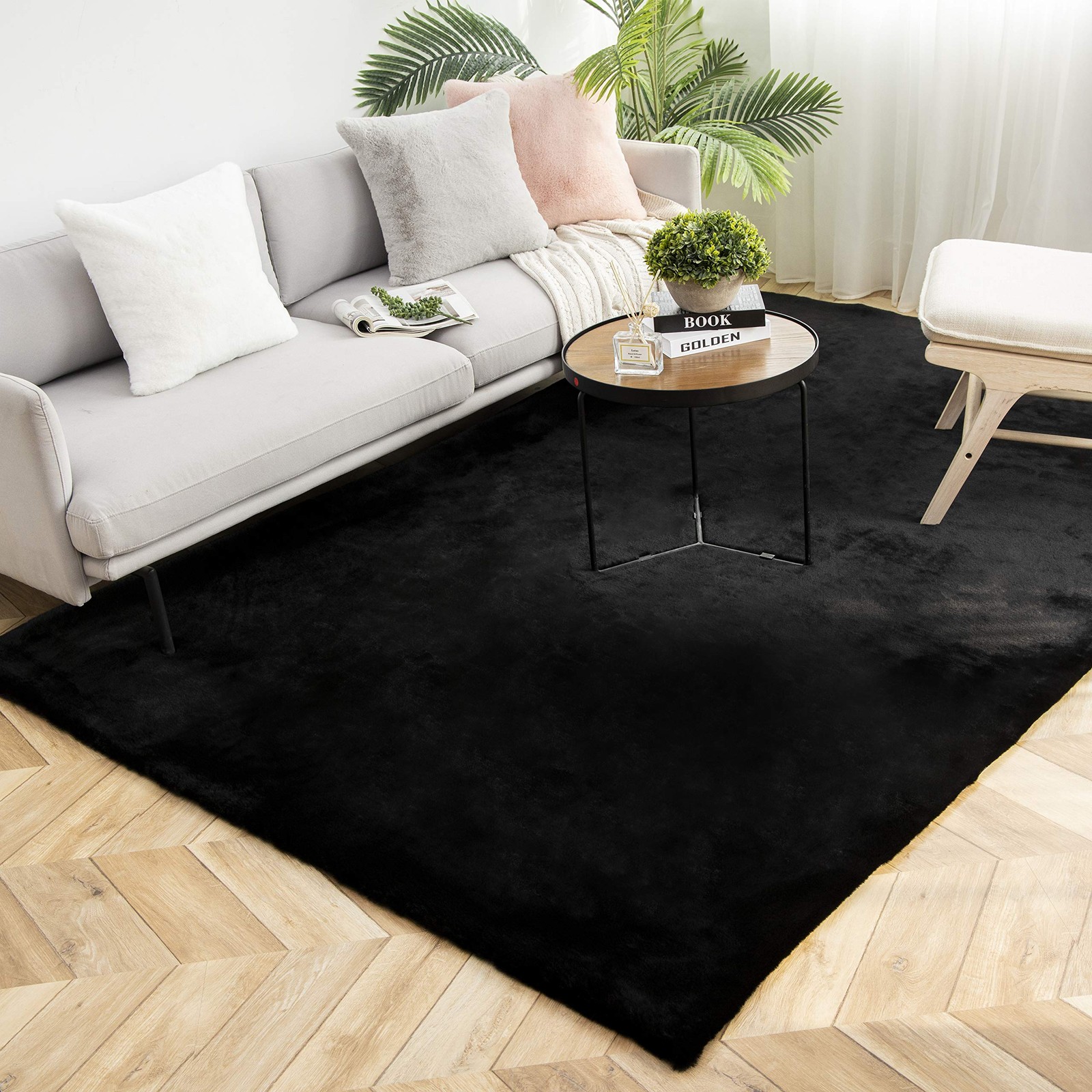 New Best Ashler Faux Fur Rug, Ultra Soft Rabbit Fur, Black Area Rugs, 5 x 7 Feet