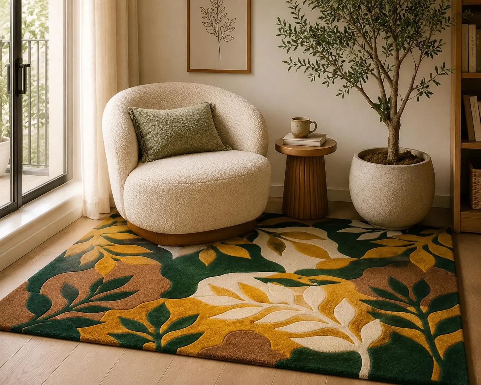 Hand Tufted Wool Botanical Leaf Rug, Modern Tropical Nature Carpet, Living Room