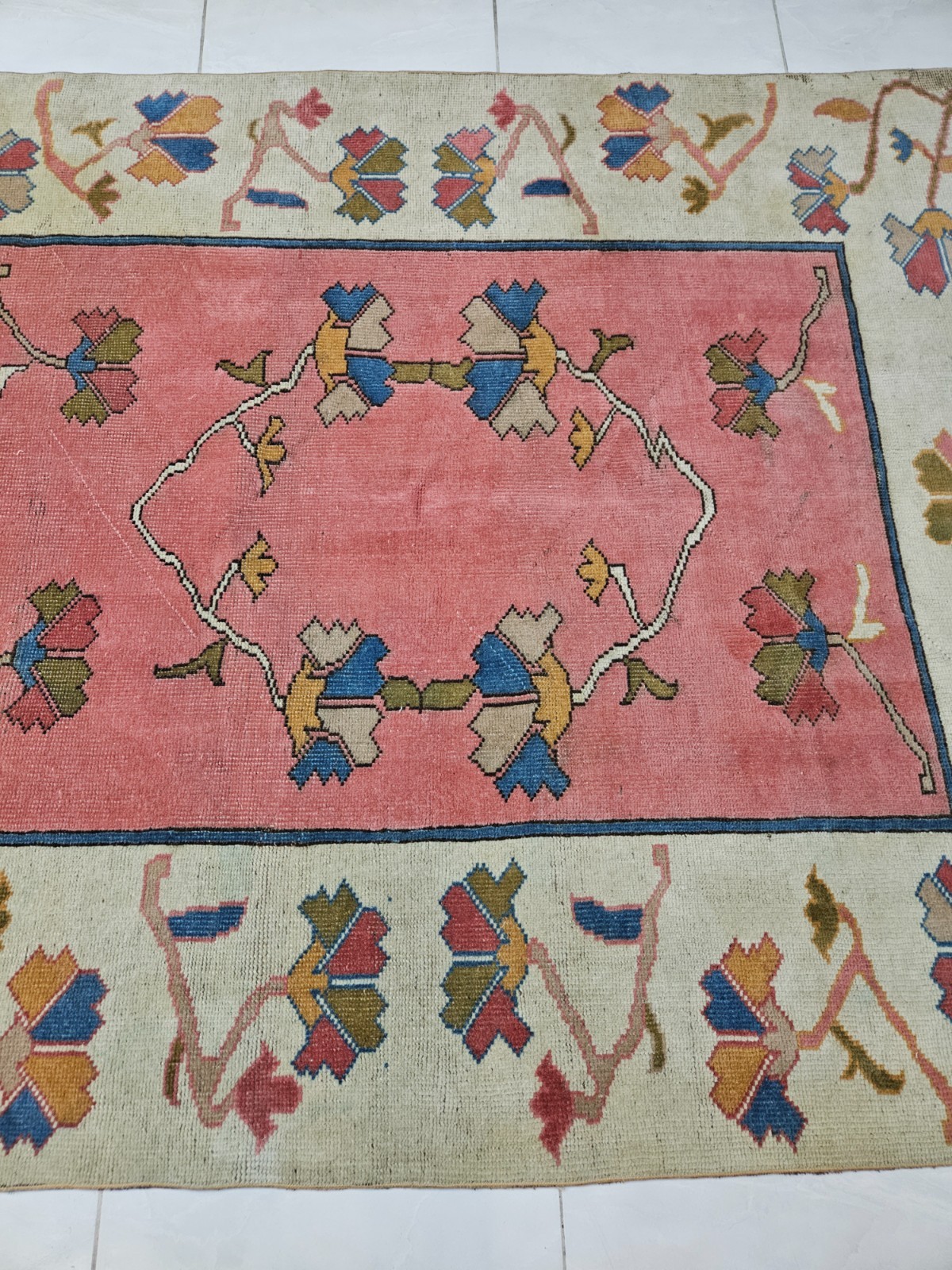 Vintage Floral Area Rug, 4.8 x 5.7 ft Unique Bohemian Rug, Beige and Pink Rug