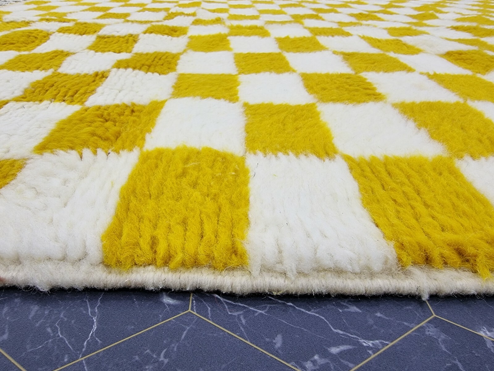 Handmade Moroccan Beni Ourain Rug 5’2″x7’7″ Checked Berber White Yellow Carpet