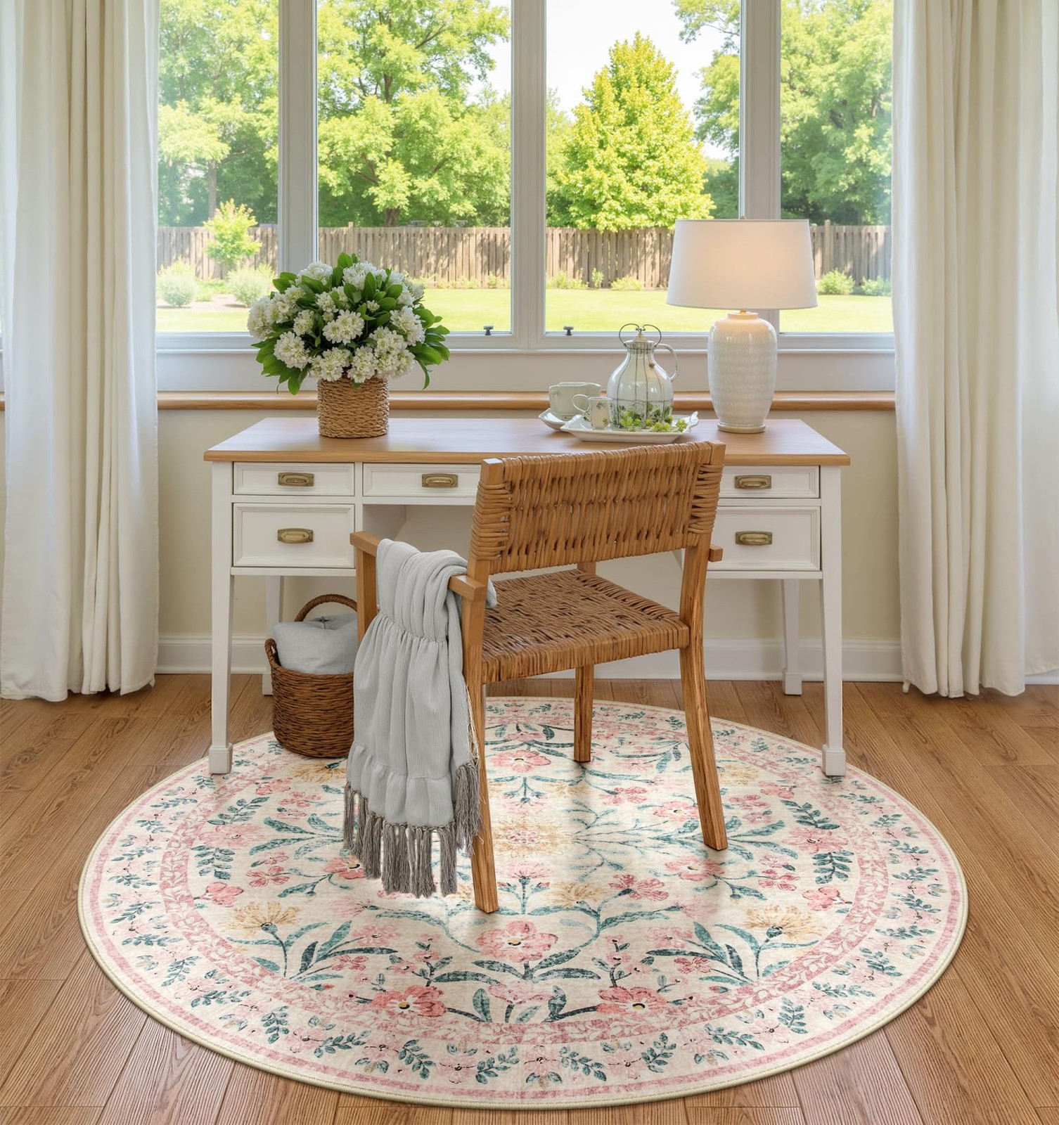 Pink Floral Round Rugs 5ft, Soft Circle Rug Non Slip Washable Round Carpet, B…