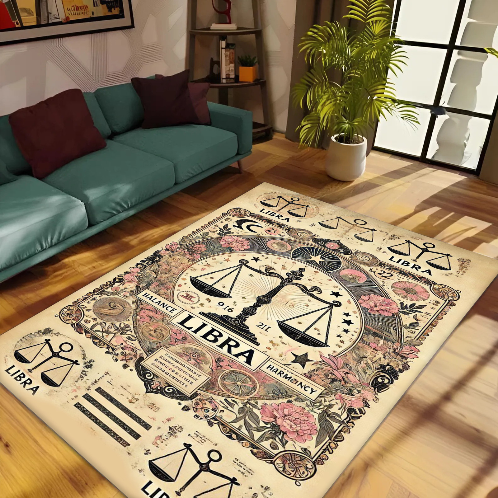 Vintage Zodiac Area Rug with Libra Symbols and Floral Balance Theme for Decor