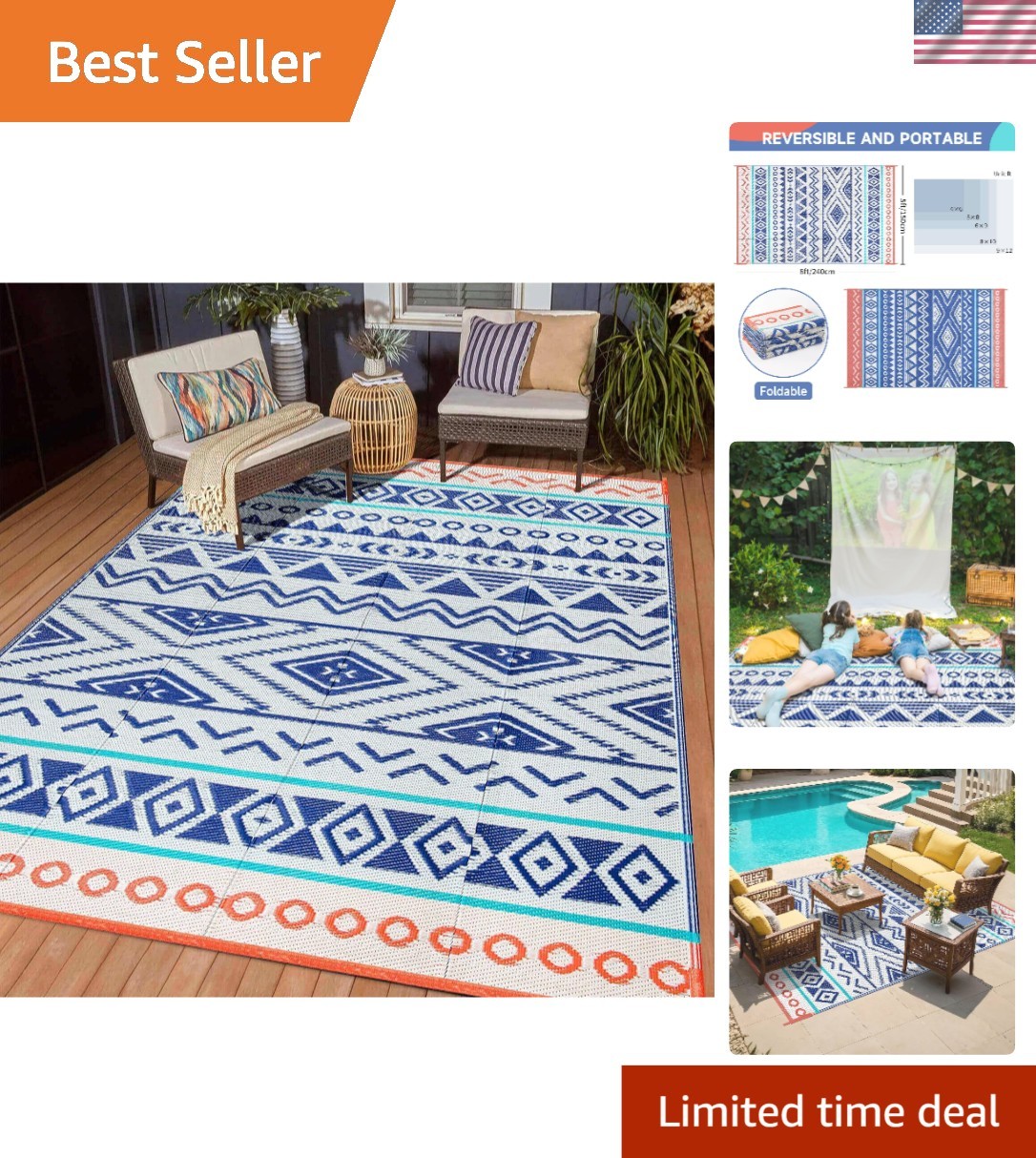 5×8 ft Waterproof Reversible Patio Rug – Perfect for RV Camping & Outdoors