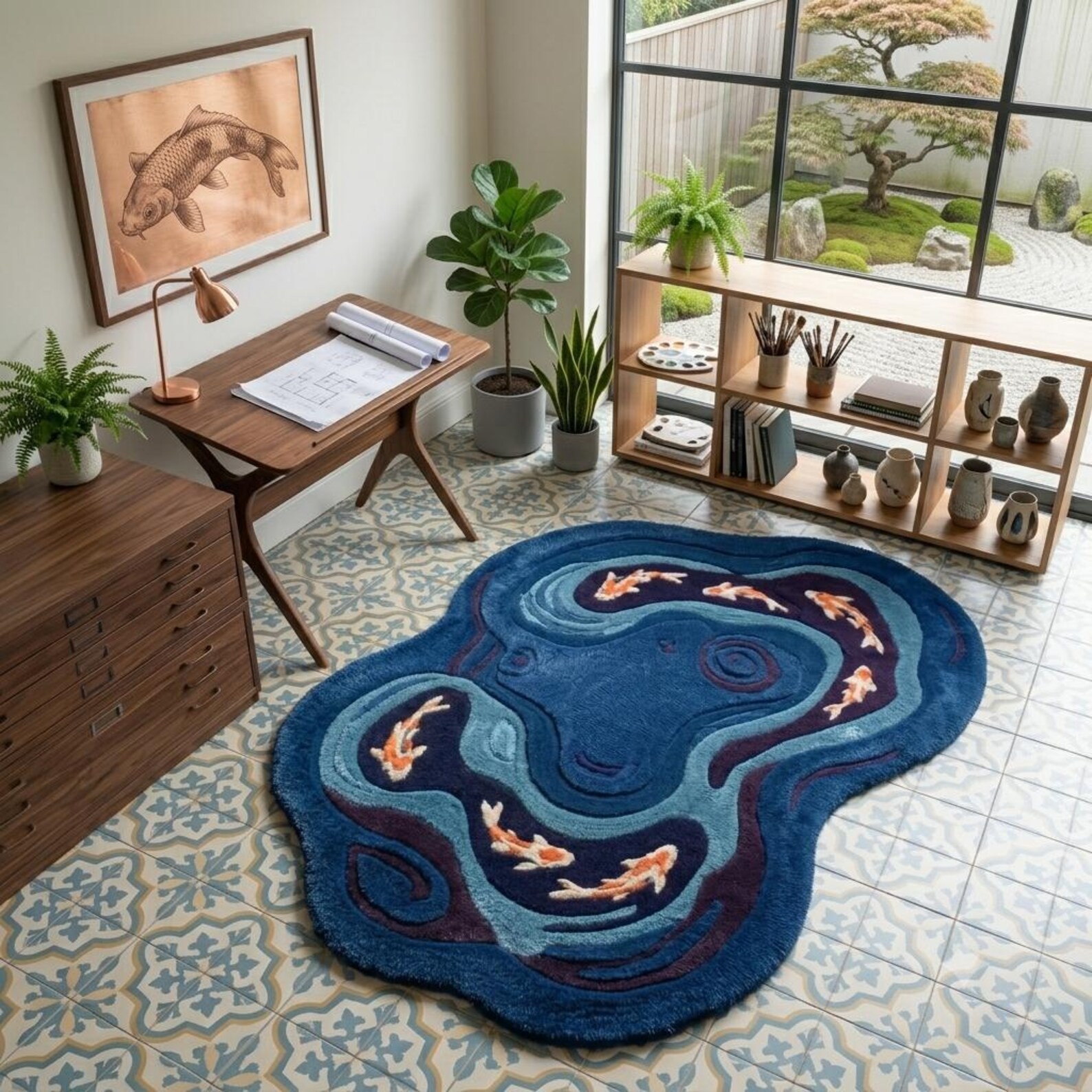 Koi Pond Shaped Area Rug | Hand Tufted Japanese Fish Carpet