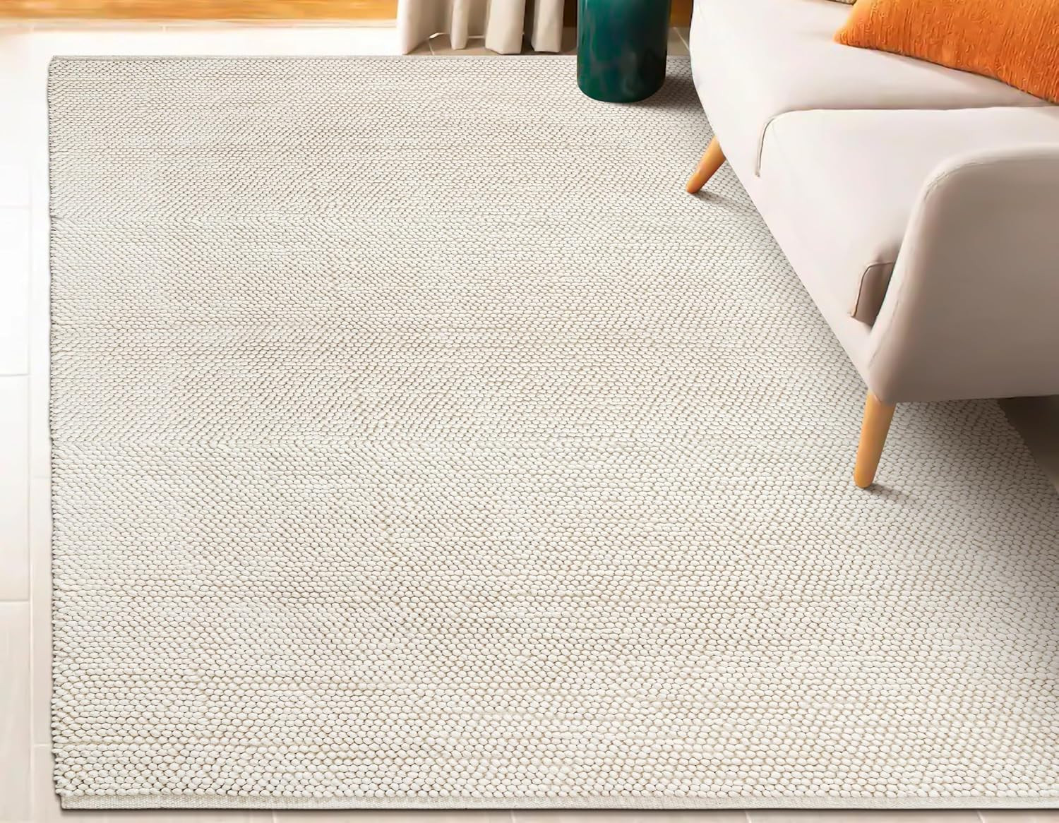 Handwoven Wool Cotton Blend Area Rug 8X10′, Textured Popcorn Braided Ivory Rug,