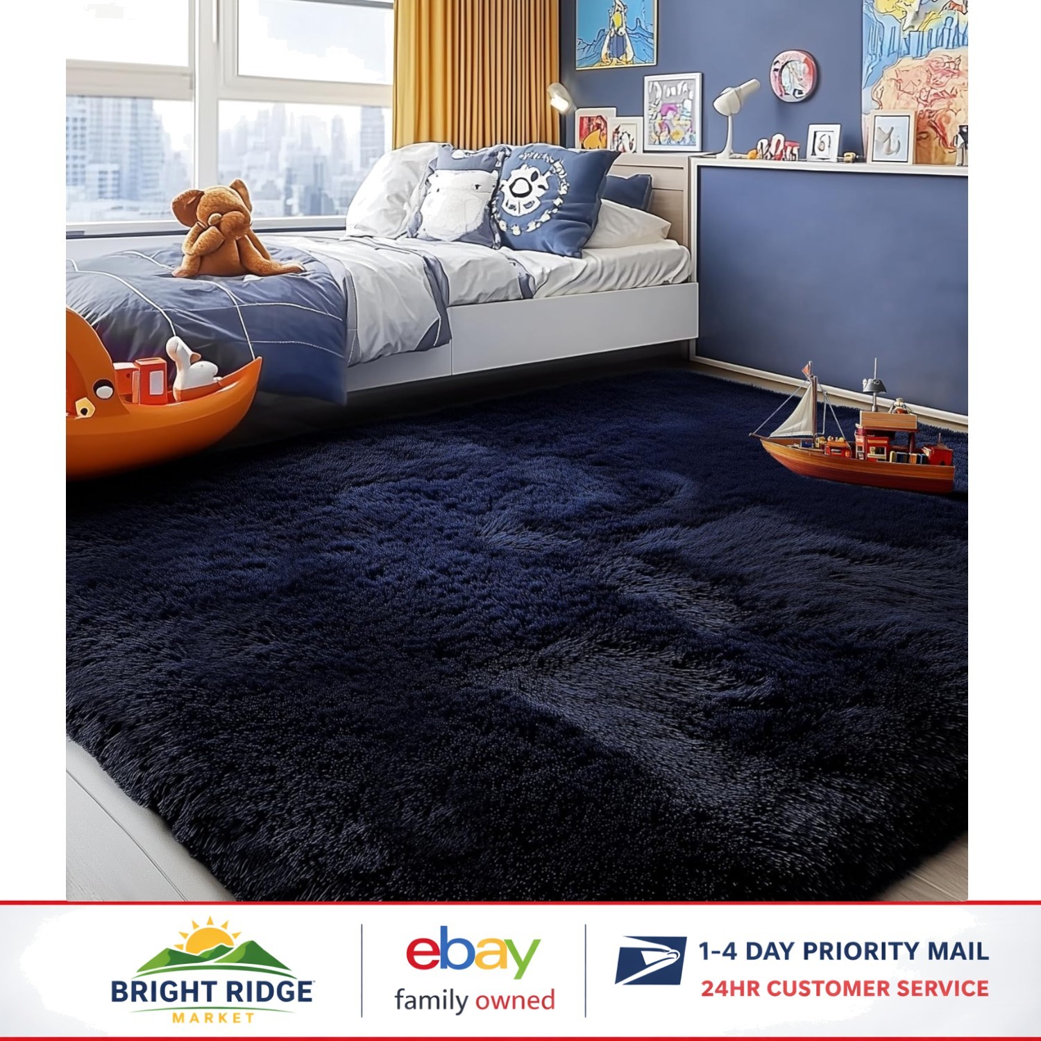3×5 Dark Blue Indoor Rug, Soft Microfiber Carpet for Classroom and Home Office
