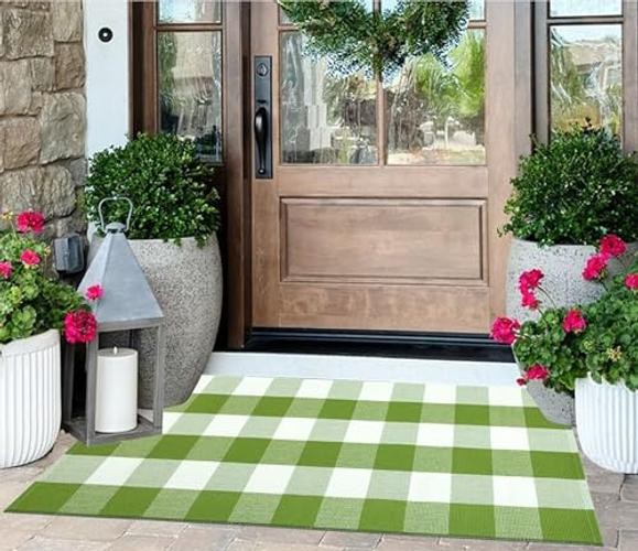 Green and White Front Porch Rug 2’X4.3’Buffalo Plaid Checked Outdoor Rug