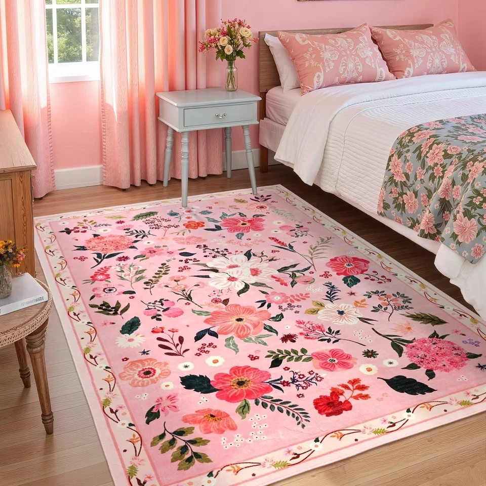 5×7 Pink Floral Rug for Living Room, Machine Washable Area Rugs with Non Slip…