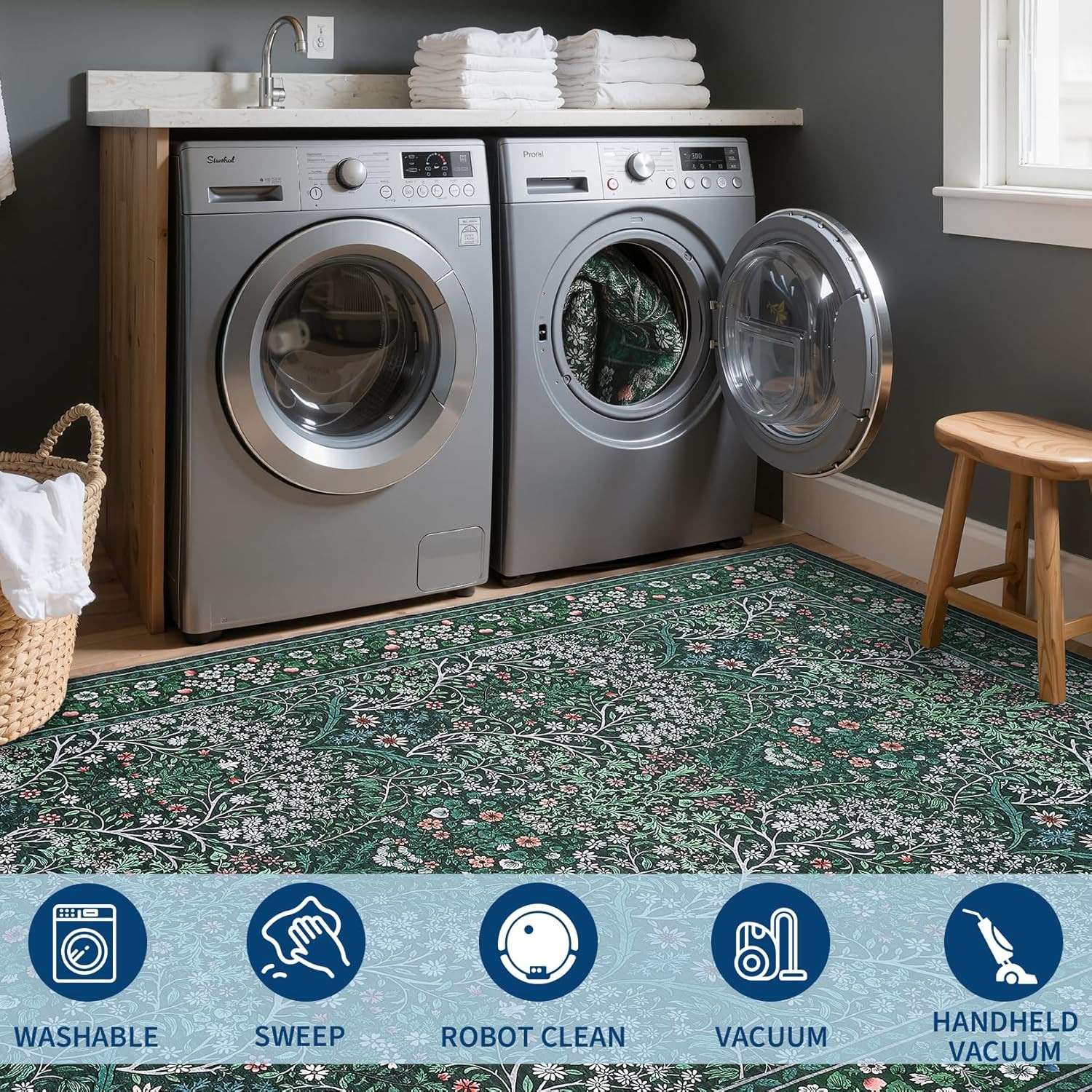 Area Rug 8X10, Easy to Clean Machine Washable Non-Slip Low-Pile Vintage Floral L