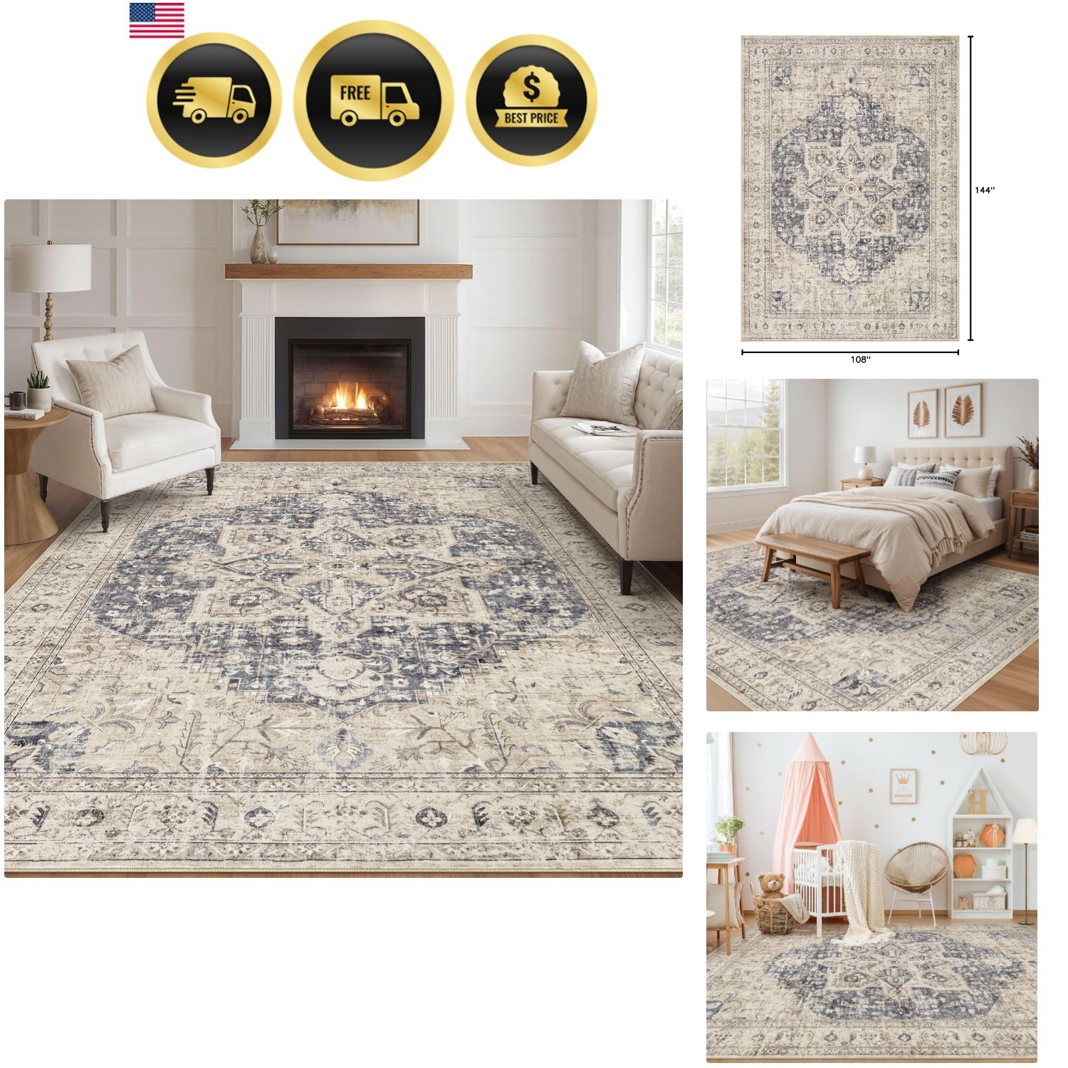 Area Rug Living Room Rugs – 9×12 Washable Boho Rug Vintage Oriental Distresse…
