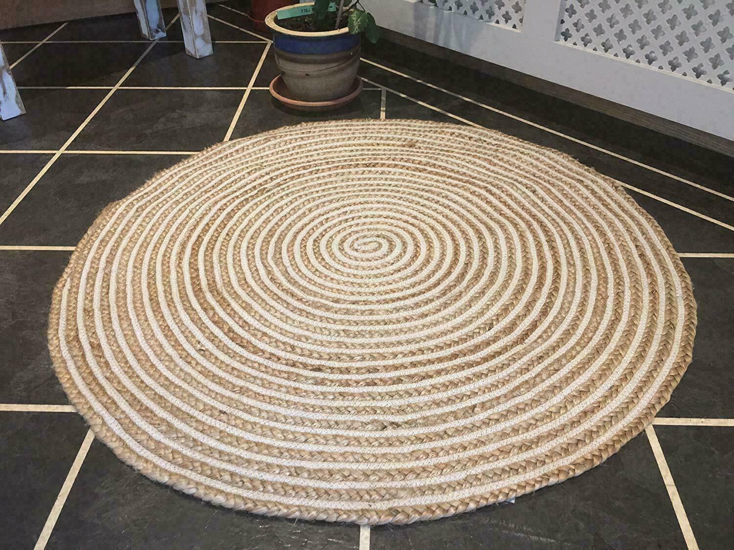 Rug Jute Natural Floors Handmade Jute & Cotton Round Area Carpet Reversible Rug