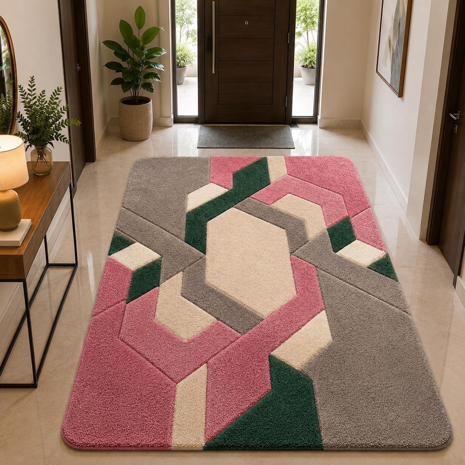 Hand Tufted Wool Rug Pink Green Geometric Abstract 9×12 Modern Living Room Carpe