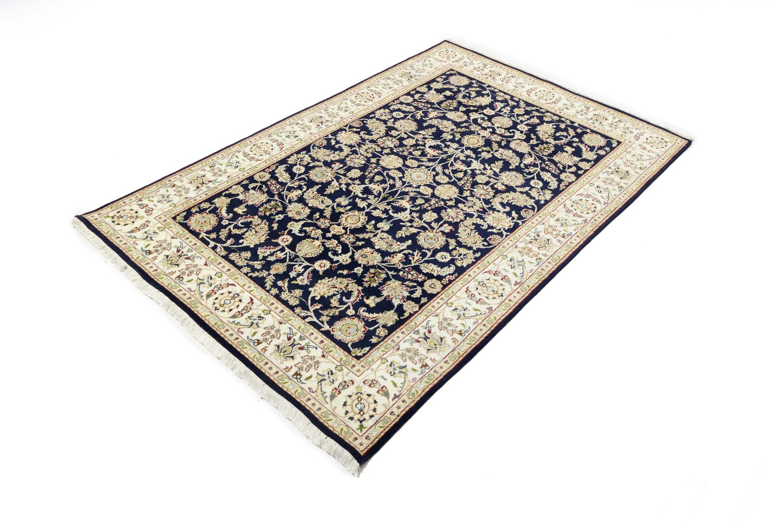 Dark Navy Floral Design Hand-Knotted 6×9 Indo-Nain Oriental Rug Bedroom Carpet