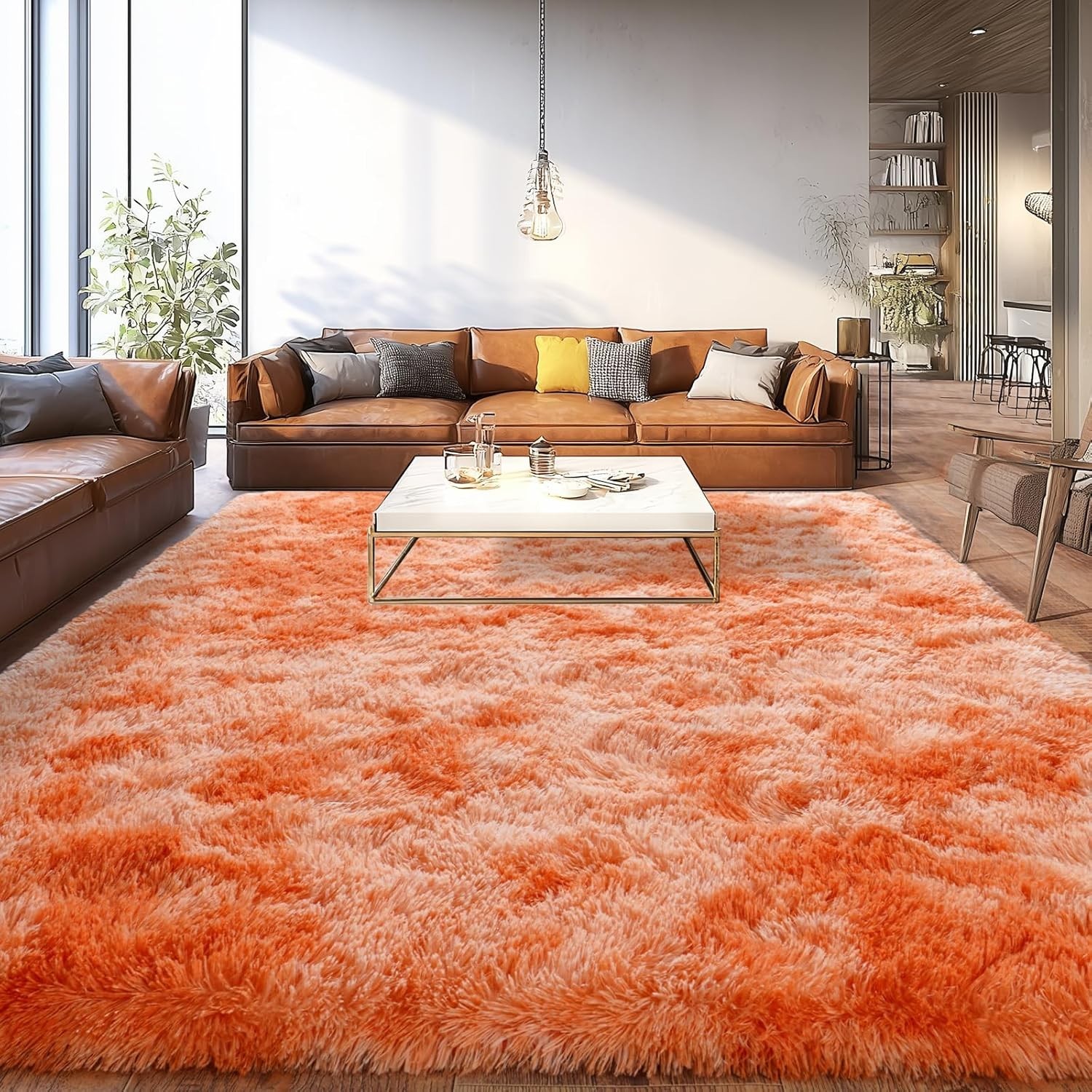 Fluffy Area Rug 8×10 Large Soft Shaggy Tie Dye Orange Mat for Living Room Floor