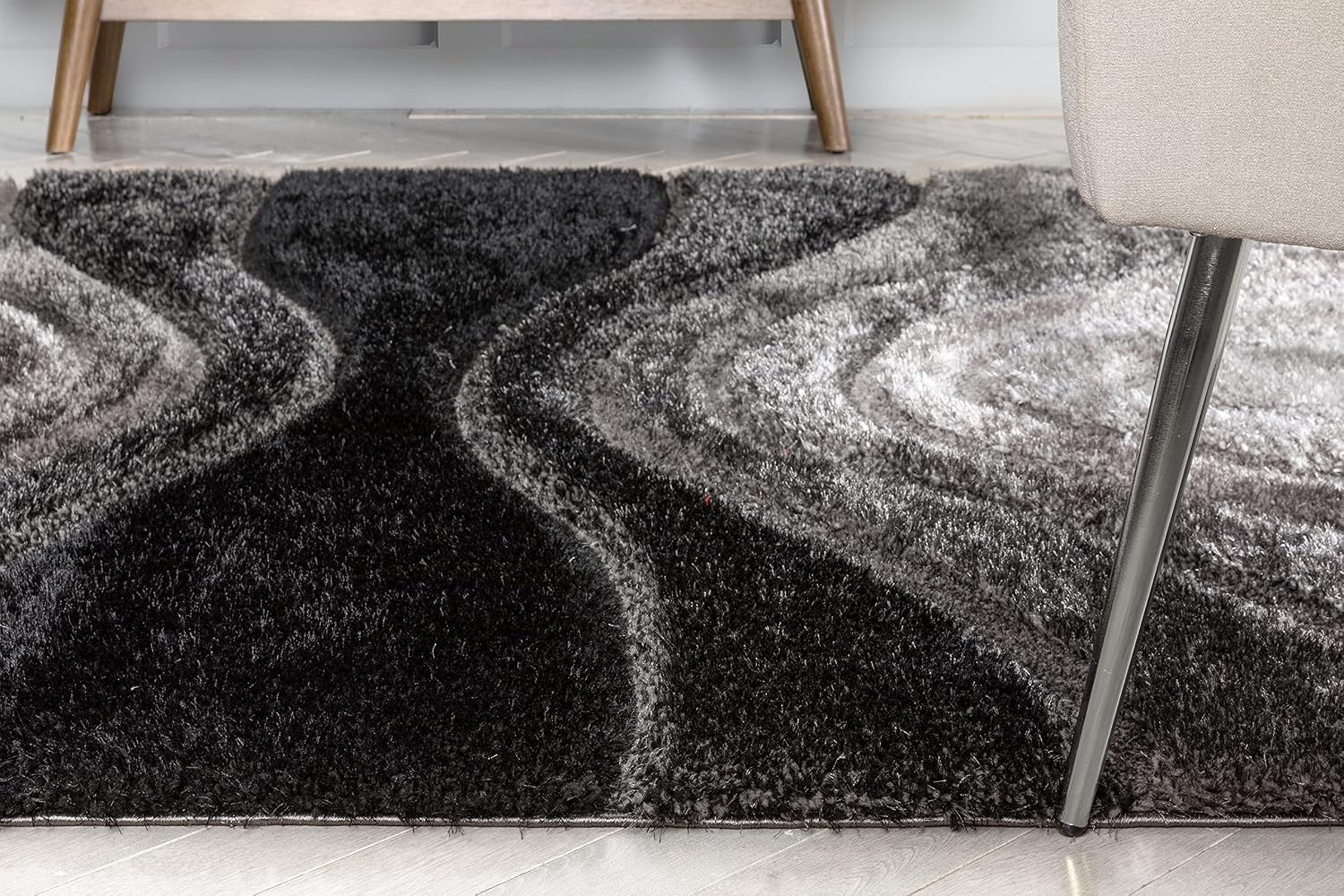 Luze Black Hourglass Waves Geometric Thick Soft Plush 3D Textured Shag Area Rug