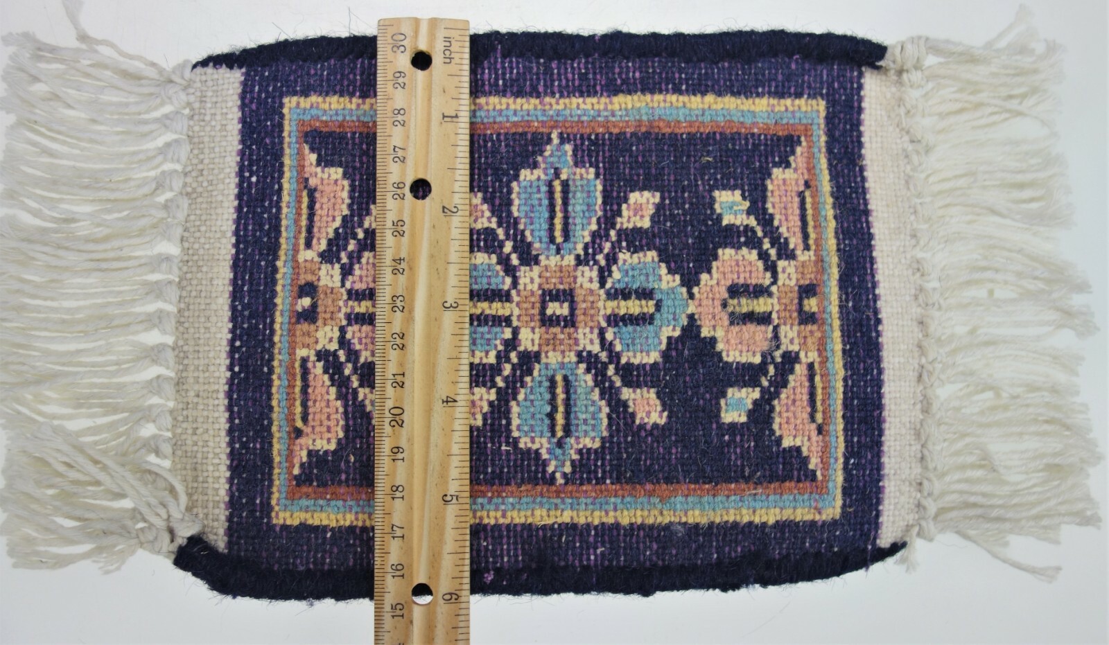 2 Small Mini Carpets 11”x6” Blue Wool Fringe DollHouse Coaster Rug Renaissance A