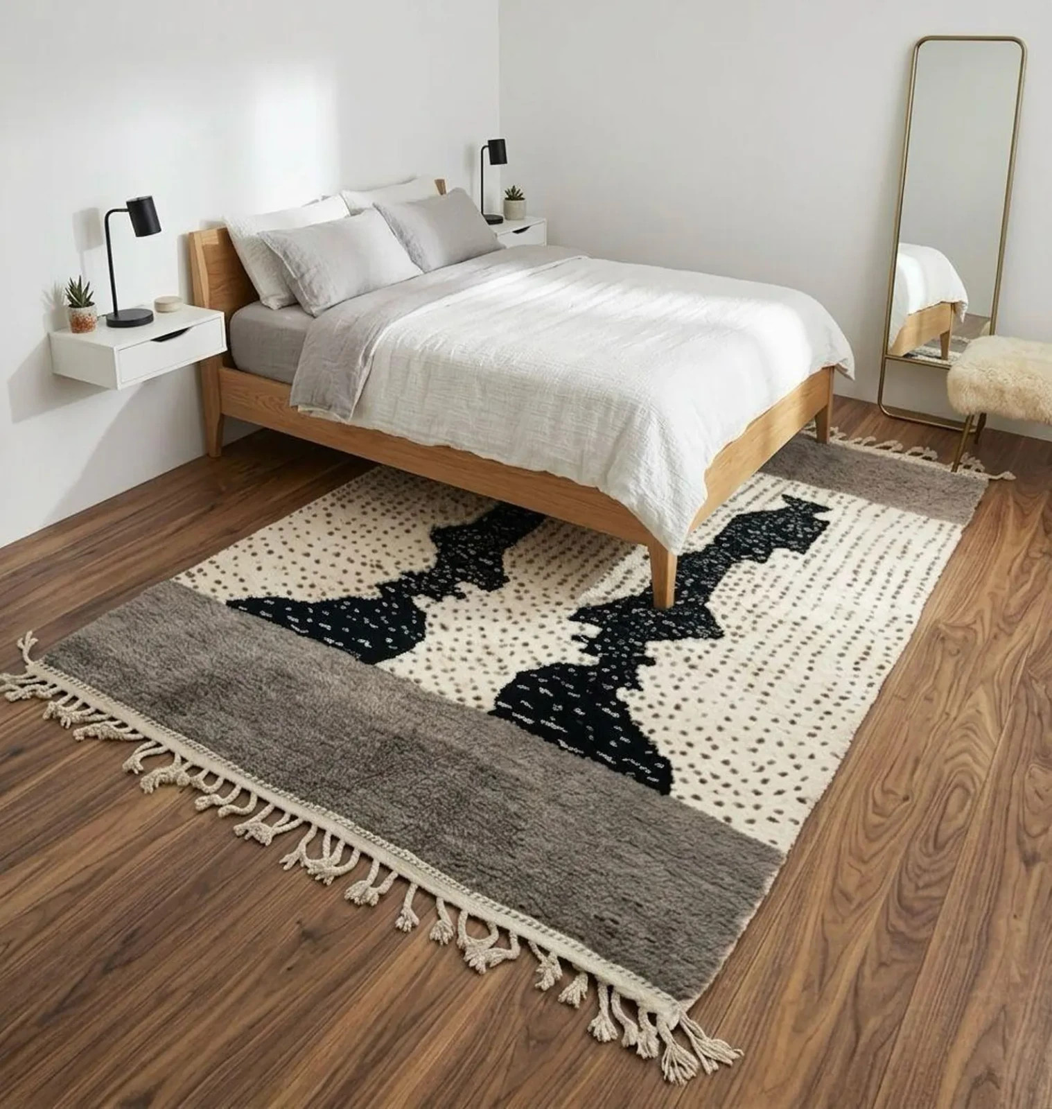 Handmade Beni Ouraina Rug Moroccan Berber Wool Carpet Black Ivory Tribal Design