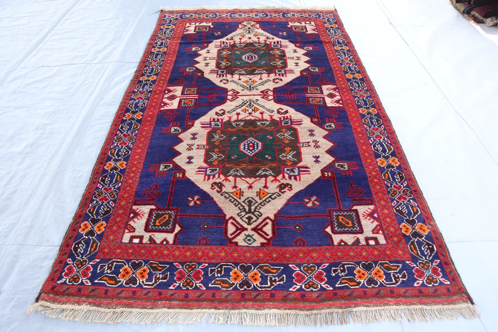 4’5×7’6 ft Navy Blue Beige Afghan Handmade Soft Pile Vintage Rug- Bedroom Carpet
