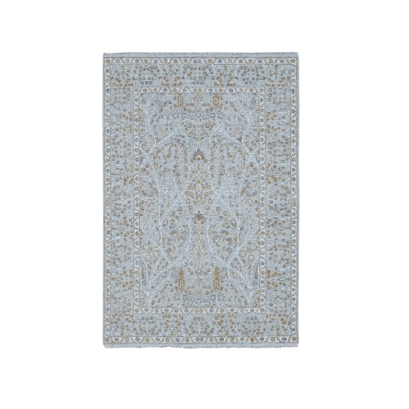 4’1″x6’1″ Gray 200 KPSI Tree of Life Design Hand Knotted Pure Wool Zero Pile Rug