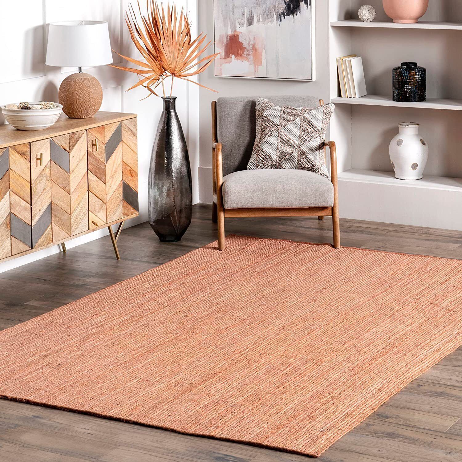 Rug Jute Peach Color Rectangle Handmade Braided Home Living Area Decor Modern