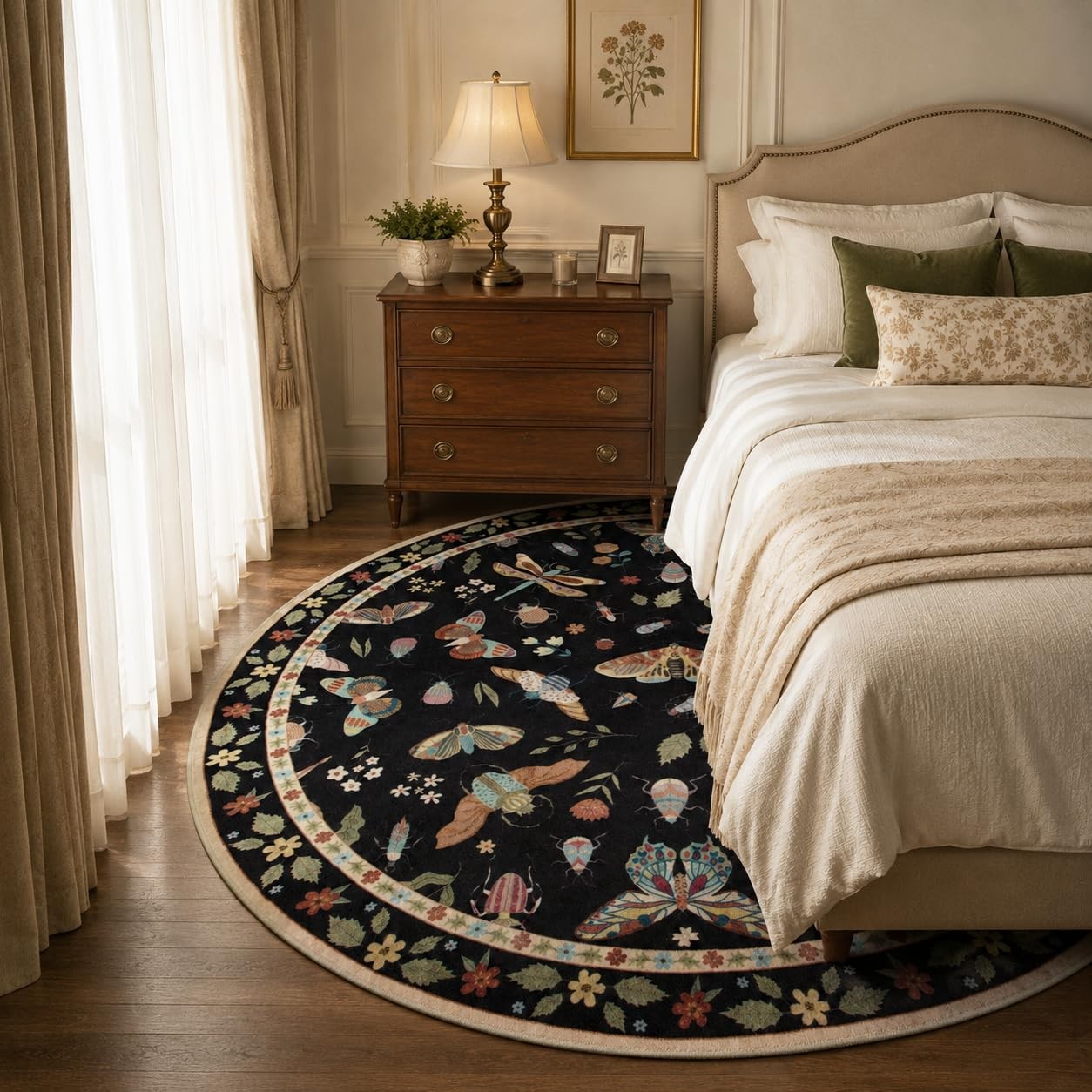 Insect Washable Round Rugs 6ft, Black Bug Circle Rugs for Bedroom