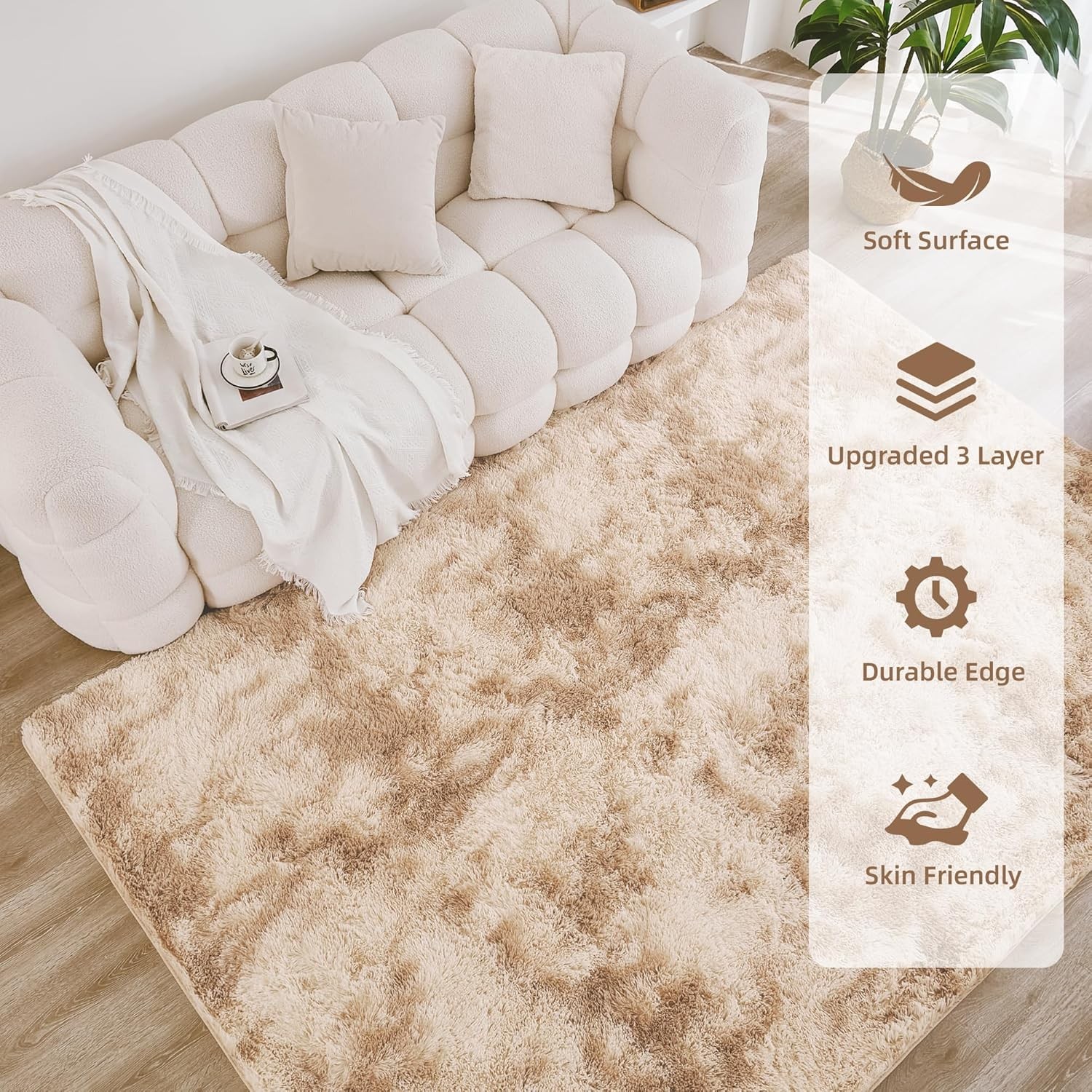 Litanika 4×6 Shag Area Rug for Living Room Bedroom, Tie-Dyed Beige High Pile Sof