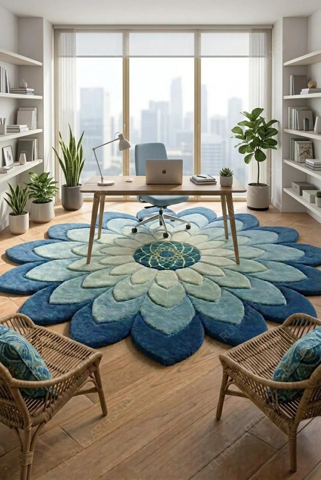 Blue Flower Hand Tufted Wool Rug, 3D Floral Shape Carpet, Modern Bedroom Decor