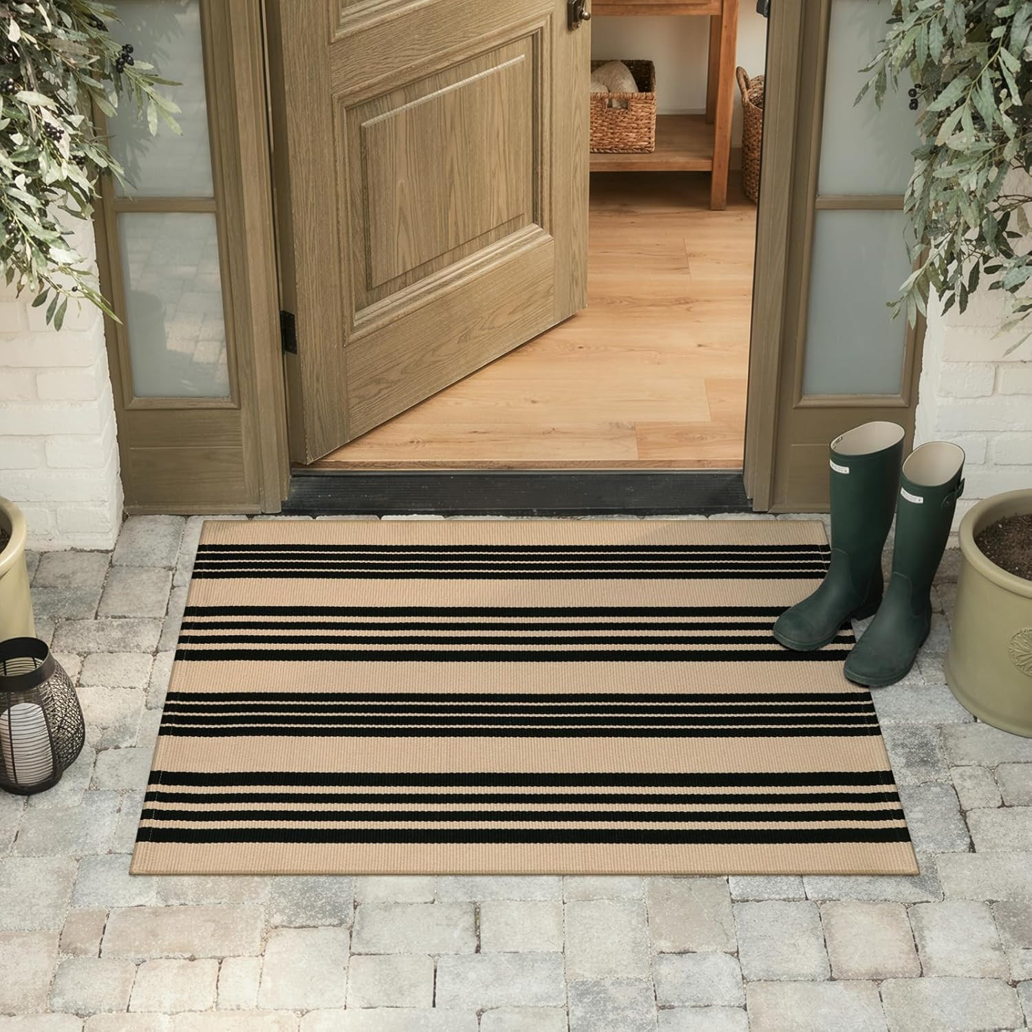 Outdoor Rug Spring Decor 27.5″X43″, Black and Khaki Striped Front Porch Rugs, Re