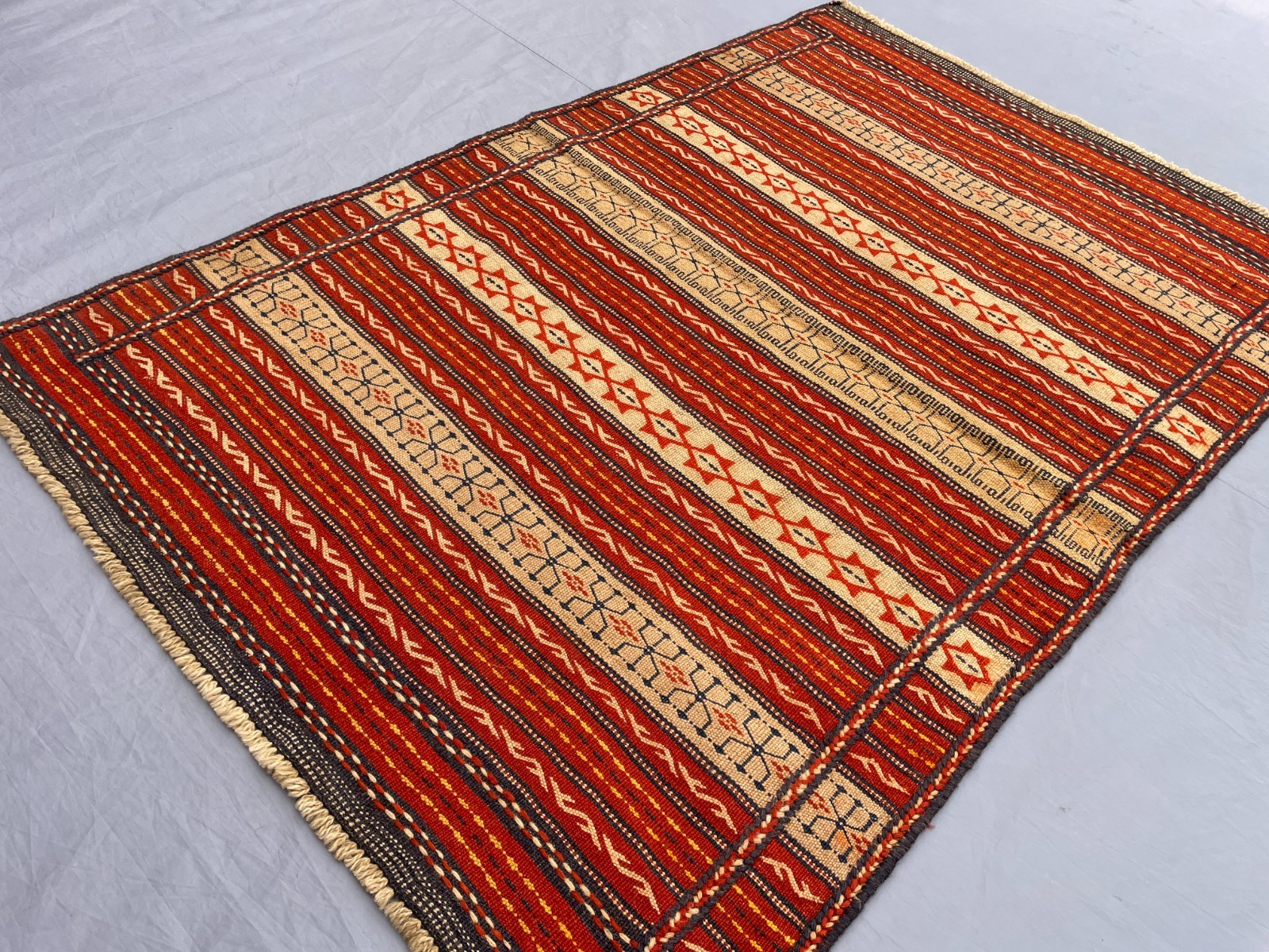 3×5 Handwoven Afghan Kilim Rug with Star Motifs Geometric Bands N Tribal Border