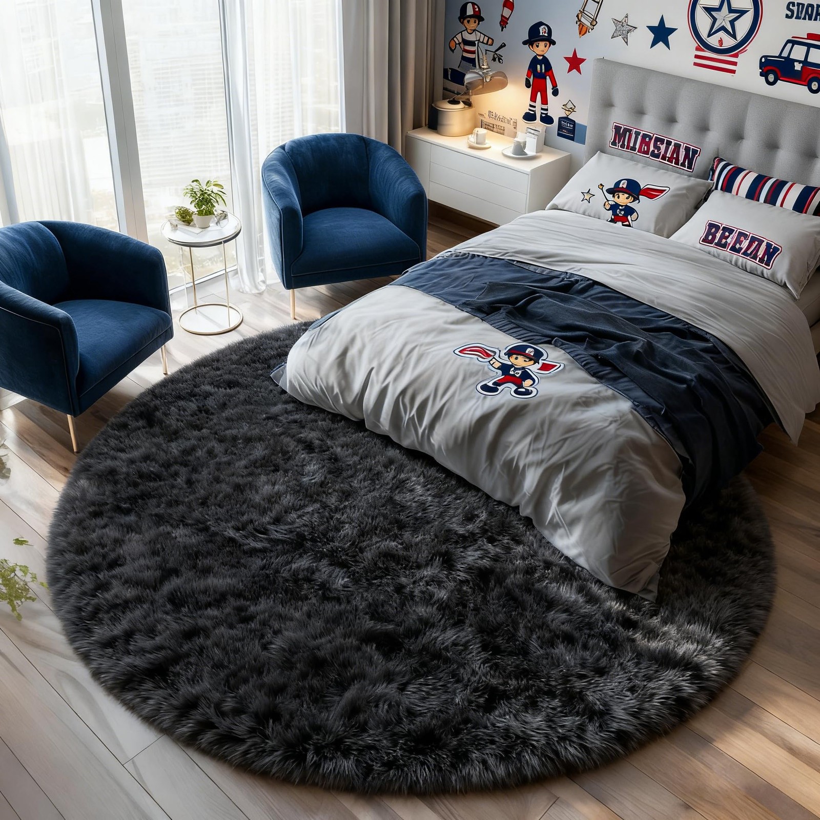 Black Round Rug 4Ft Area Rug, Circle Rugs for Kids Bedroom Living Room, Indoo…