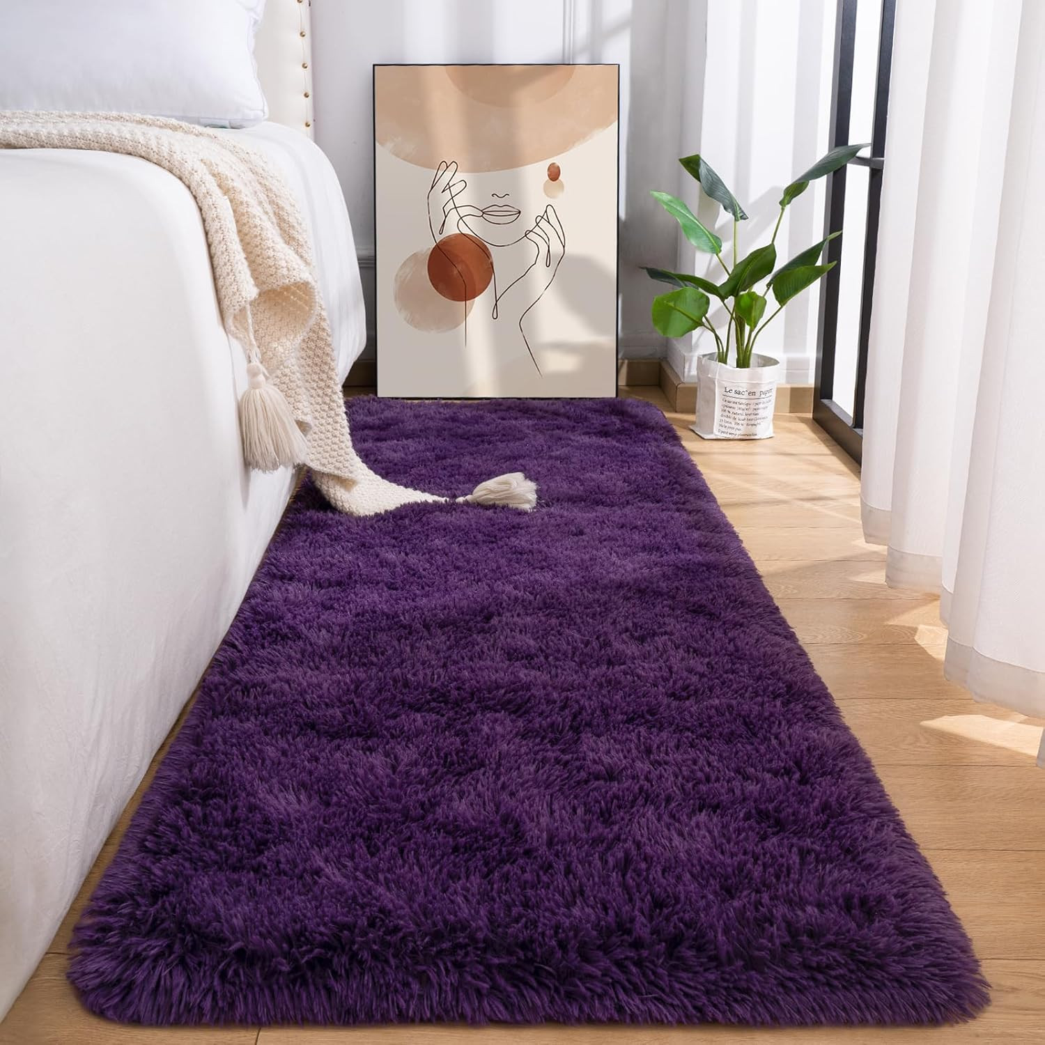 Fluffy Runner Rug for Bedroom Living Room, 2×6 Feet Dark Purple Shag Area Rugs,