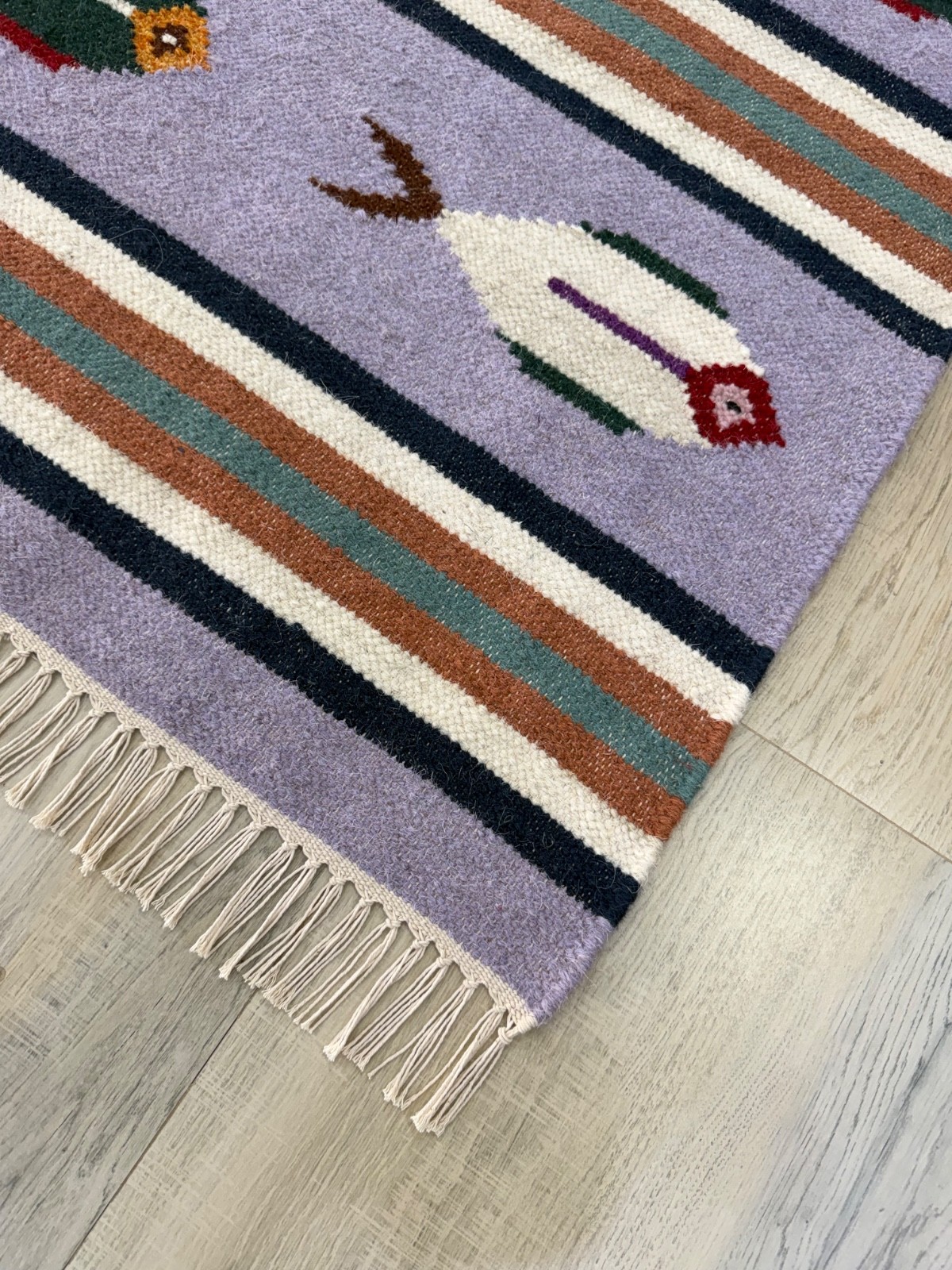 Hand Woven Wool Rug 4×6 Lavender Flatweave Scandinavian Folk Art Kilim for Kids