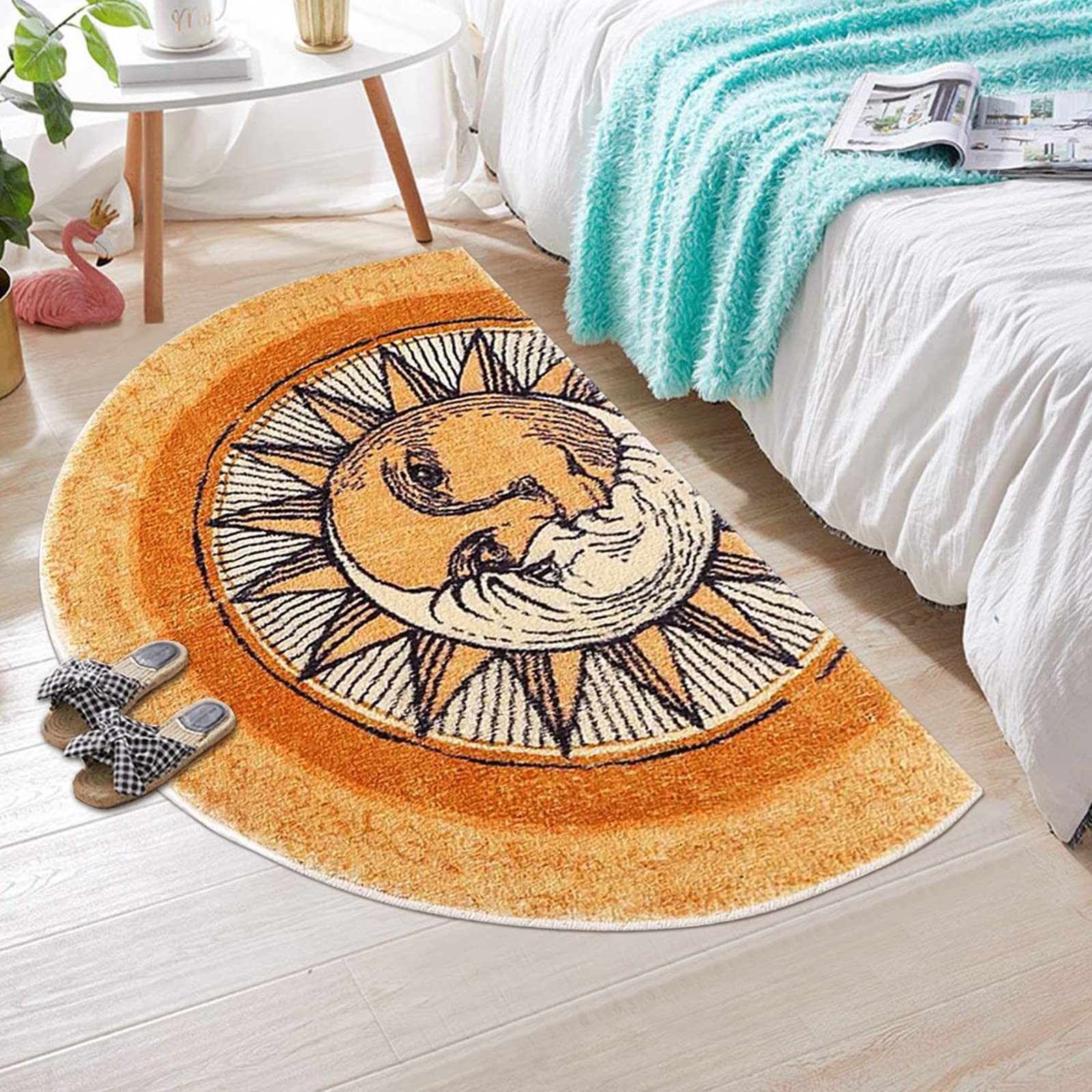 Semi-Circular Area Rugs 31.5X47.3 Inch Sun and Moon Mat,Yellow Boho Rug,Non-Slip