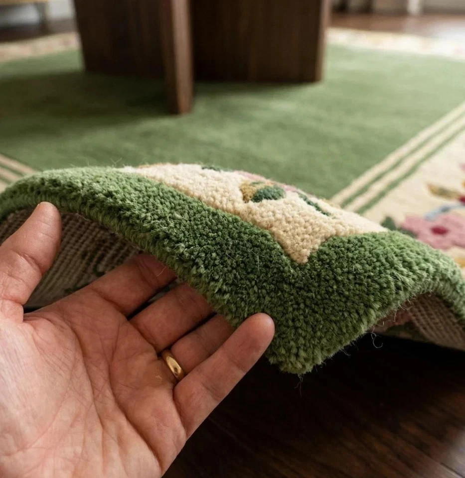 Luxury Hand Tufted Green Floral Border Area Rug – Premium Wool Carpet for Living