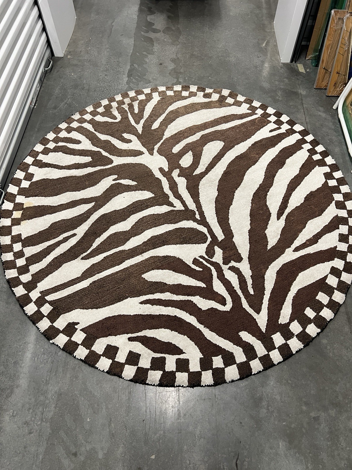 MacKenzie-Childs Zebra Rug 6′ Round Black White 100% Rayon Faded 2020 350-02562
